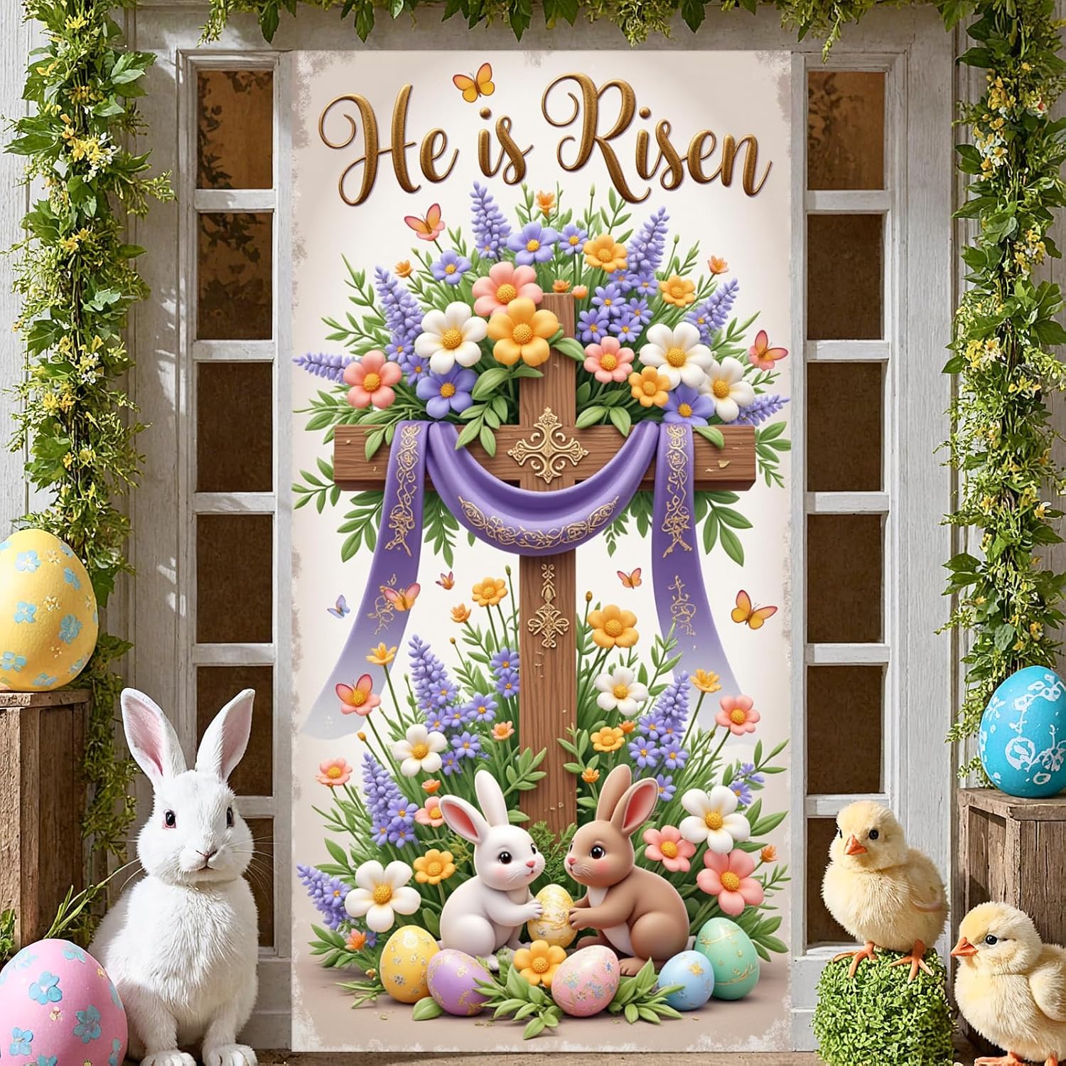 Easter Door Cover Decorations He is Risen Door Banner Easter Religious Cross Backdrop Spring Rabbit Bunny Floral Banner for Front Door Porch Indoor Outdoor Decorations 70.8 x 35.4 inches