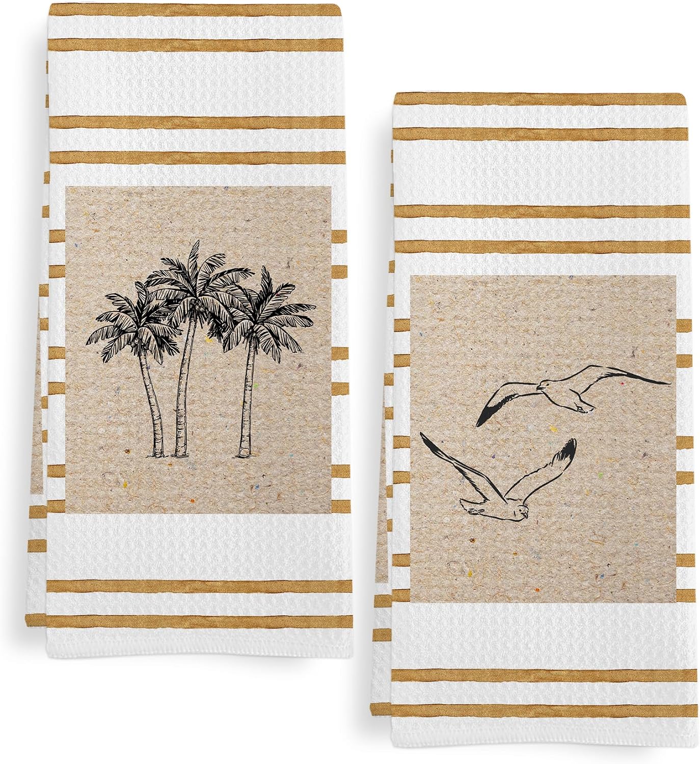 Vintage Tropical Palms Tree Seagulls Kitchen Towels Set of 2, Coastal Dish Tea Towels for Kitchen, Minimalist Boho Striped Decorative Hand Towel for Bathroom, Beach Decor for Bathroom, 16x24