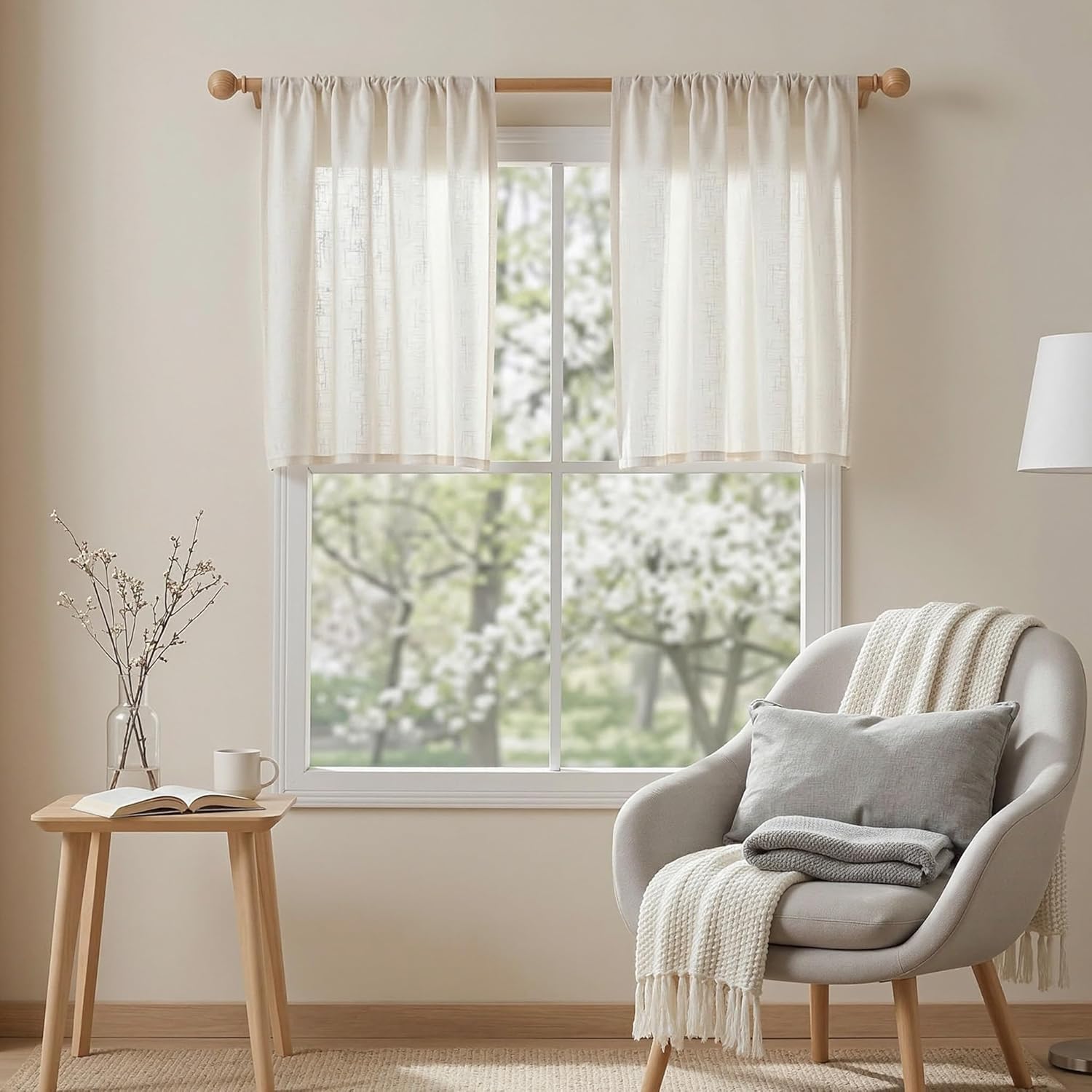 MYSKY HOME Semi Sheer Natural Linen Curtains 36 Inch Length 2 Panels, Light Filtering Cream Tiers Curtains Rod Pocket Neutral Window Drapes for Bathroom/Kitchen/Basement, Linen, 34 x 36 Inch