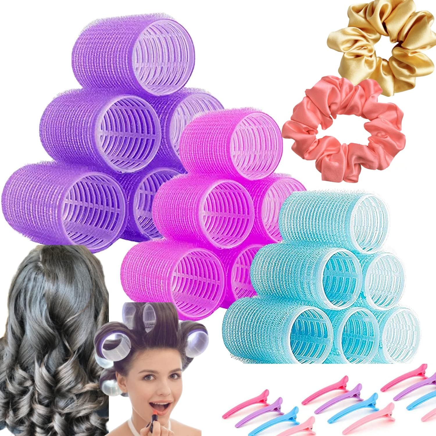 Hair roller set [30 pcs] Heatless hair curlers-Small Medium Large Size-12 Hair Clips Included - DIY Hair Styles- Free pair of Scrunchies by Hail