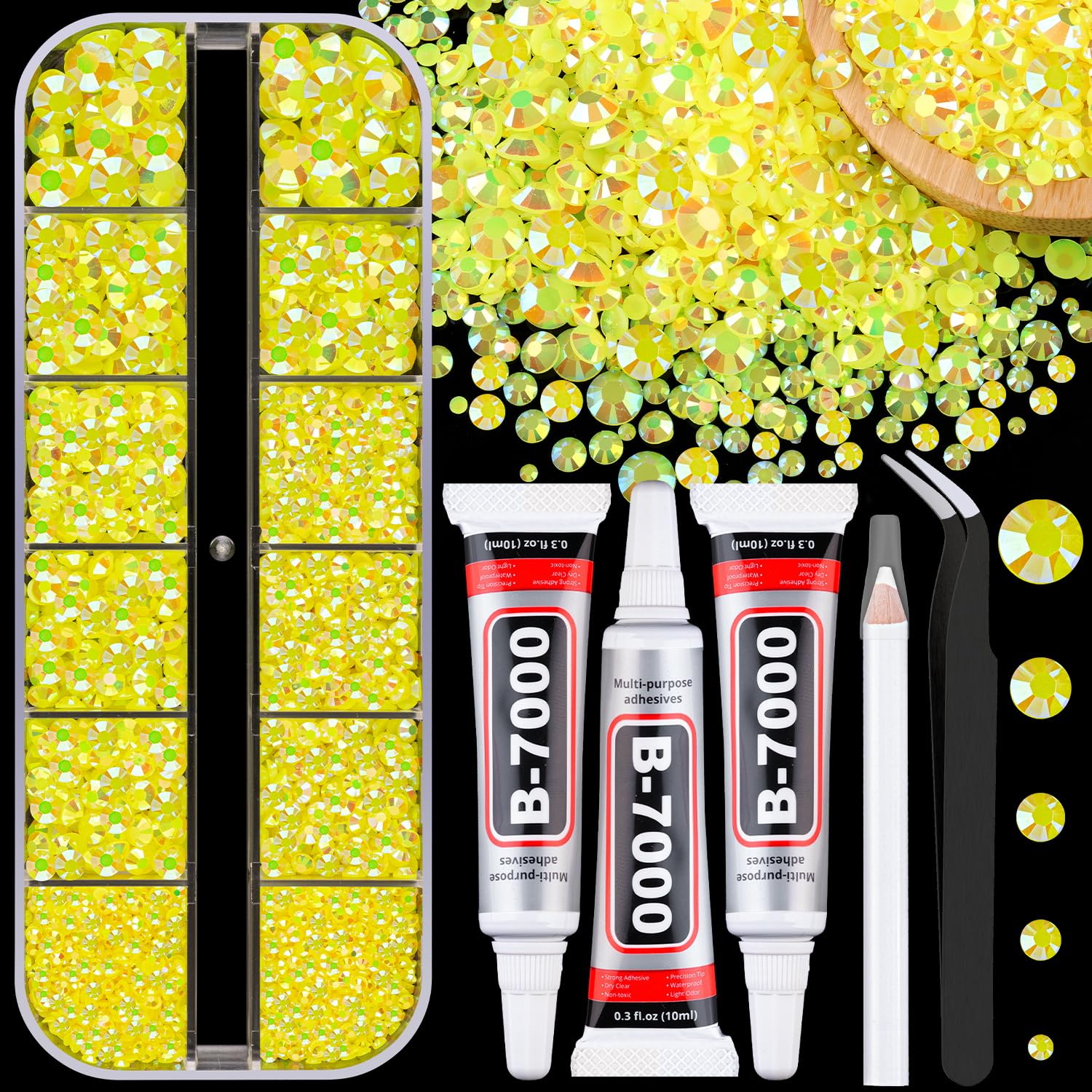 Resin Jelly Rhinestones for Crafting with B7000 Jewelry Glue, 1 Box Lemon Yellow AB Flatback Crystal with 3Pcs 10ml Glue, Bedazzling Non Hotfix Gems for DIY Tumblers Clothing Shoes Manicure