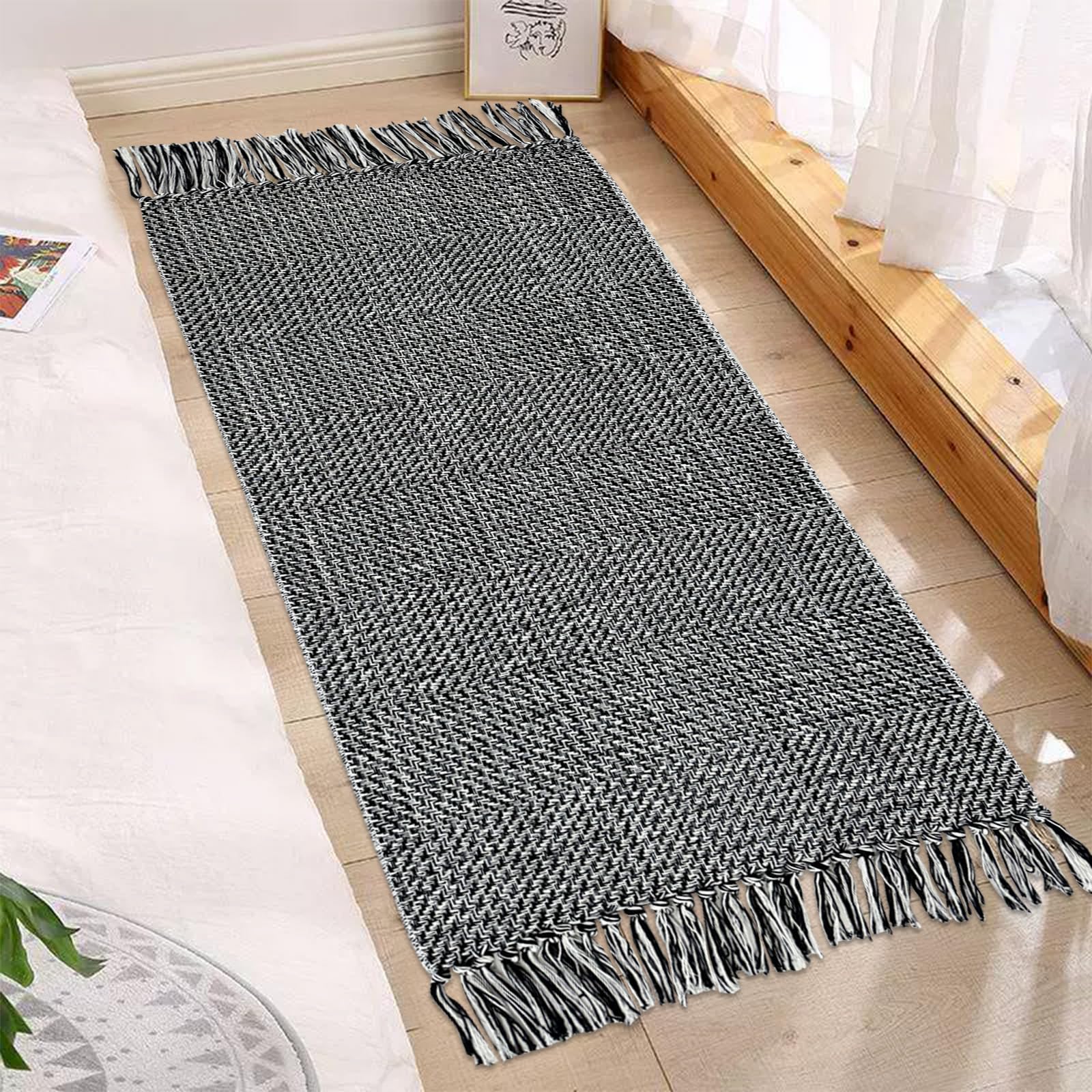 USTIDE Hand Woven Natural Farmhouse Area Rug Cream Brown Reversible Area Rug Soft Cotton Floor Mat Porch Entryway Rug,Long Hallway Runner Rug,60x130cm - Image 3