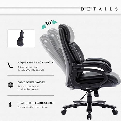 Miniatura 8 de Silla de oficina grande y alta de 400 libras, silla de escritorio ejecutivo resistente con asiento extra ancho, silla de computadora ergonómica de