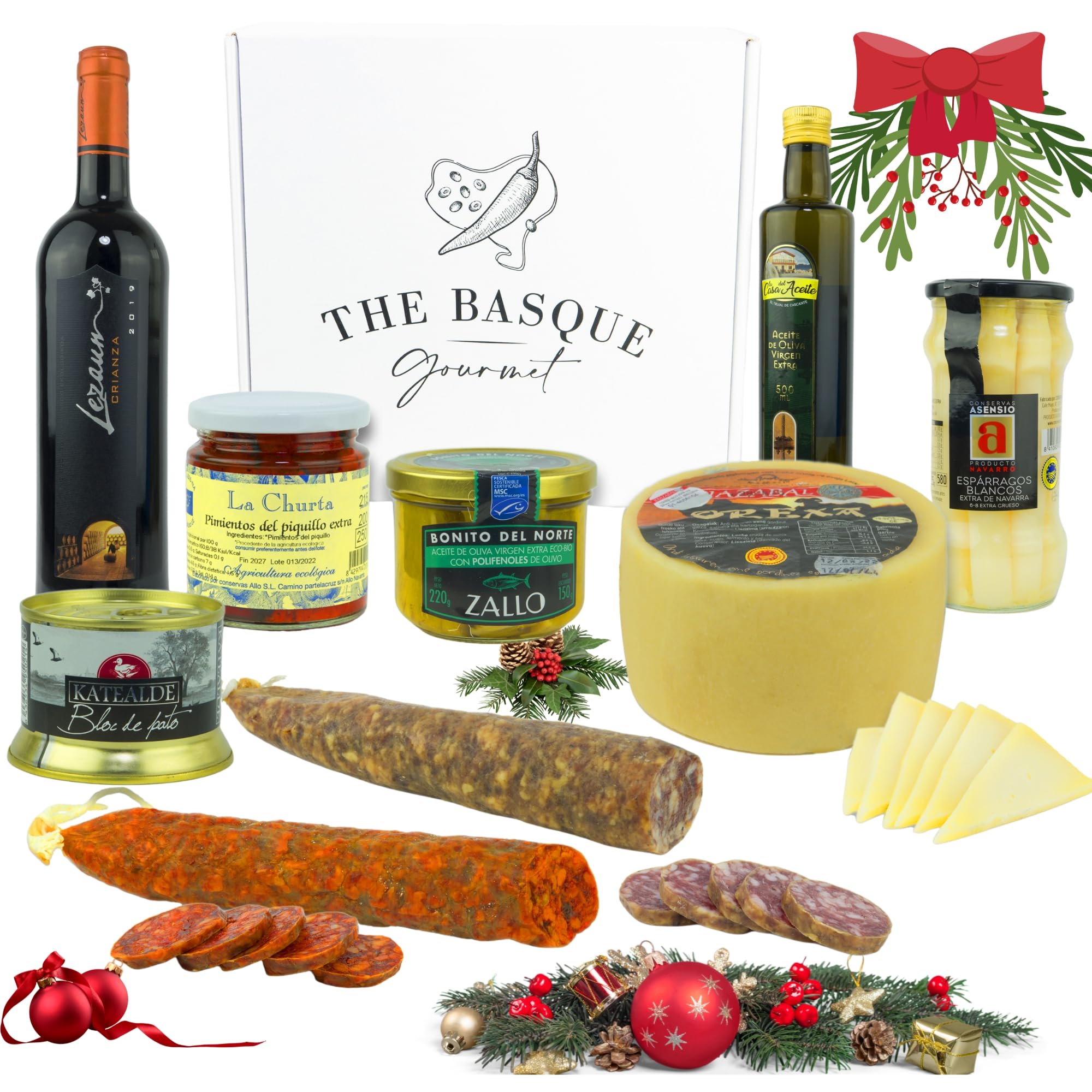 THE BASQUE gourmet- Lote para Regalar -Cesta Navidad de Productos de Euskal Herria - Queso Idiazabal, Pate, Chorizo, Espárragos de Navarra, Pimientos del Piquillo