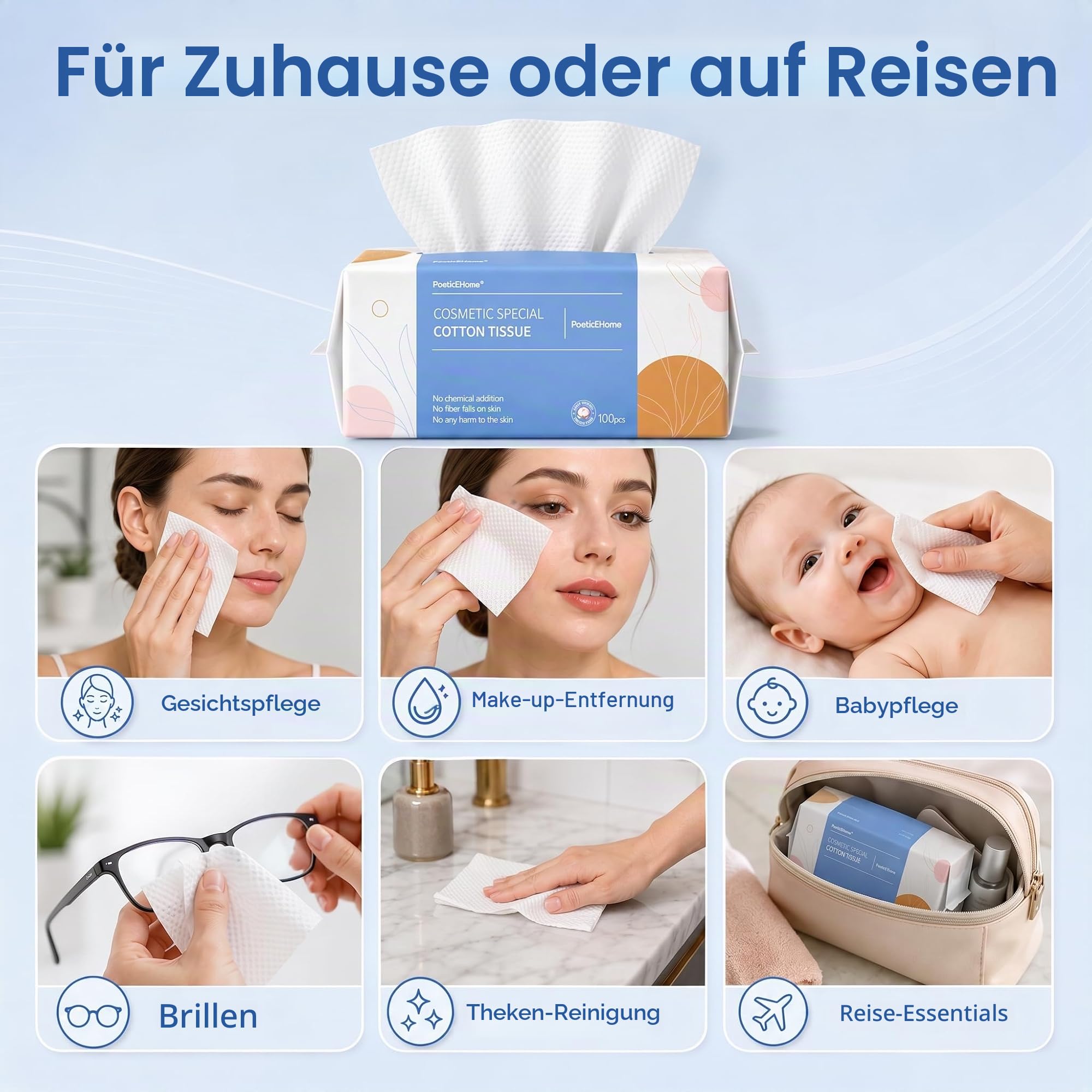 PoeticEHome Weiche Trockentücher – 600 Stück – biologisch abbaubare Einweg Baumwoll Gesichtstücher, Fusselfreies Trocken Nasshandtuch für Empfindliche Haut, 6er-Pack