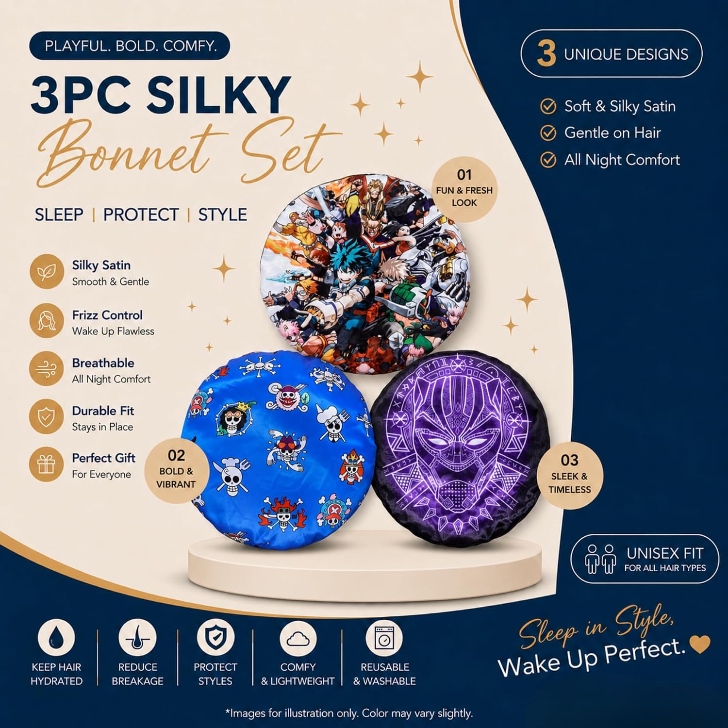 3 PCS Satin Bonnet Set for Women & Men, Silky Sleep Caps for Hair Protection, Adjustable Elastic Bonnet (A7)