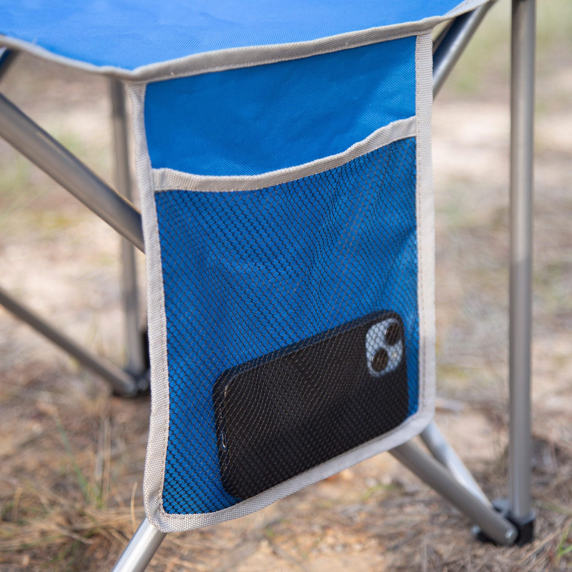 AKTIVE Pack 4 sillas Camping, 47x46x80 cm, Azul, Soporta 110 kg, Asiento Alto 40 cm, Posavasos y Bolsillos, Antivuelco, Asa Transporte Lateral, Plegado Compacto, Sin Tubo Delantero (85565)