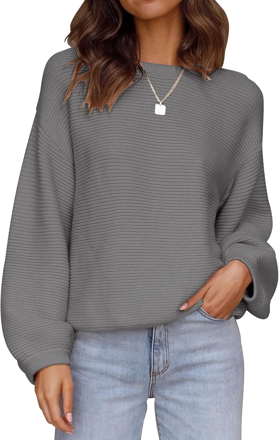 ZESICA Women's Crew Neck Long Lantern Sleeve Fall 2025 Casual Loose Ribbed Knit Solid Soft Pullover Sweater Tops