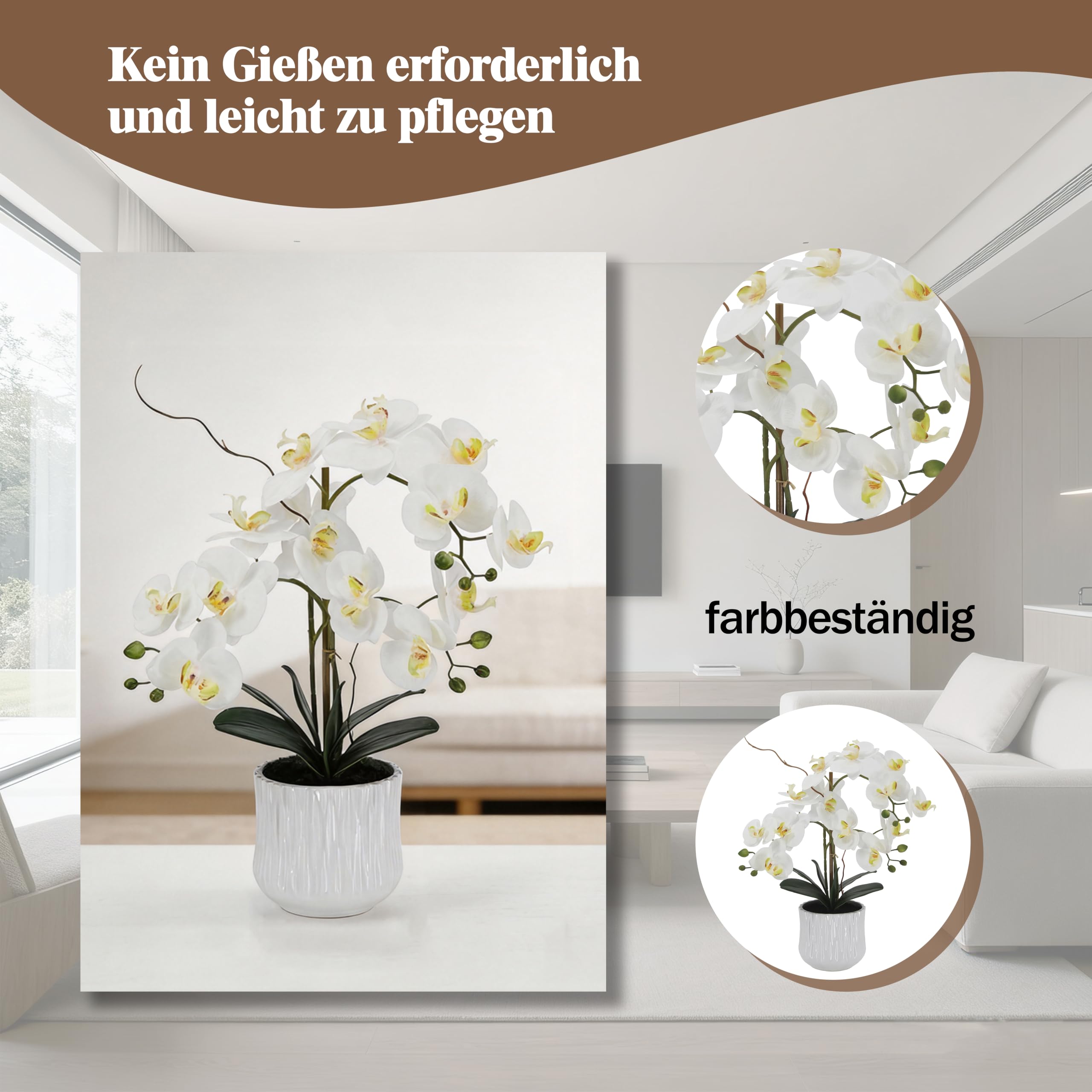 21" 53cm künstliche Orchideenblüten fühlen sich echt an, gefälschte Orchideen-Phalaenopsis-Pflanze im Keramiktopf Kunstorchideen-Seidenblumenarrangement für Heimbüro-Tisch-Badezimmer, doppelte Stiele