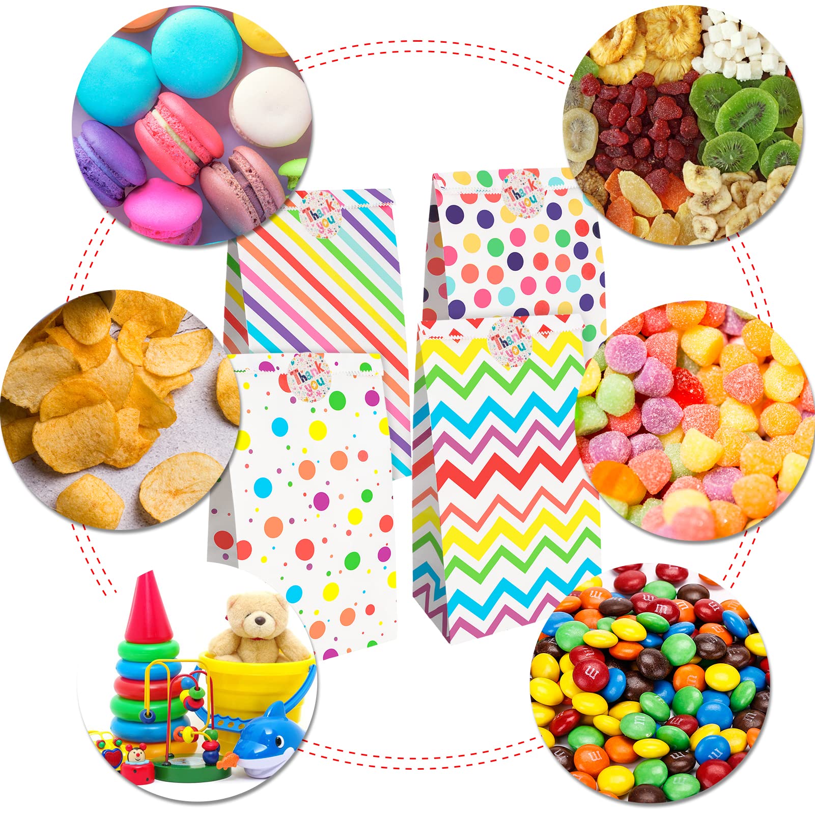 Sacchetti Regalo di Carta Arcobaleno,25 Pièces Sacs Cadeau avec 32 Autocollants,Sacchetti di Carta per Caramelle,Sacchetti Compleanno Bambini per Confezionare Regali, Matrimoni, Festa, Pasqua, Natale