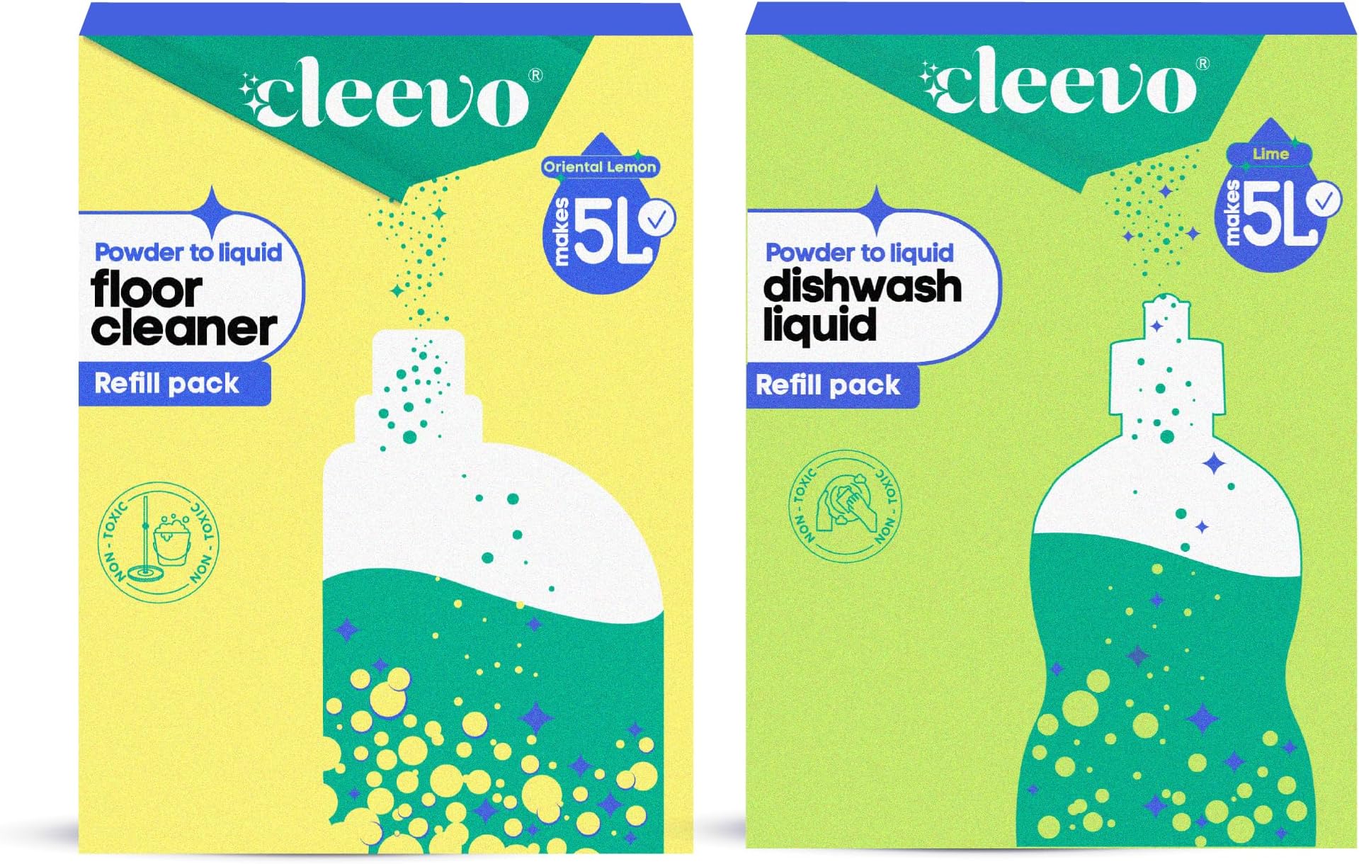 Cleevo Smart Refill Pack – Dishwash Gel (5L) + Floor Cleaner (5L) | Plant-Based Organic Dish wash for Oil Stains & Burnt Residues, Floor Cleaner for Mops, Tiles & Hard Surfaces | Pet & Child Safe