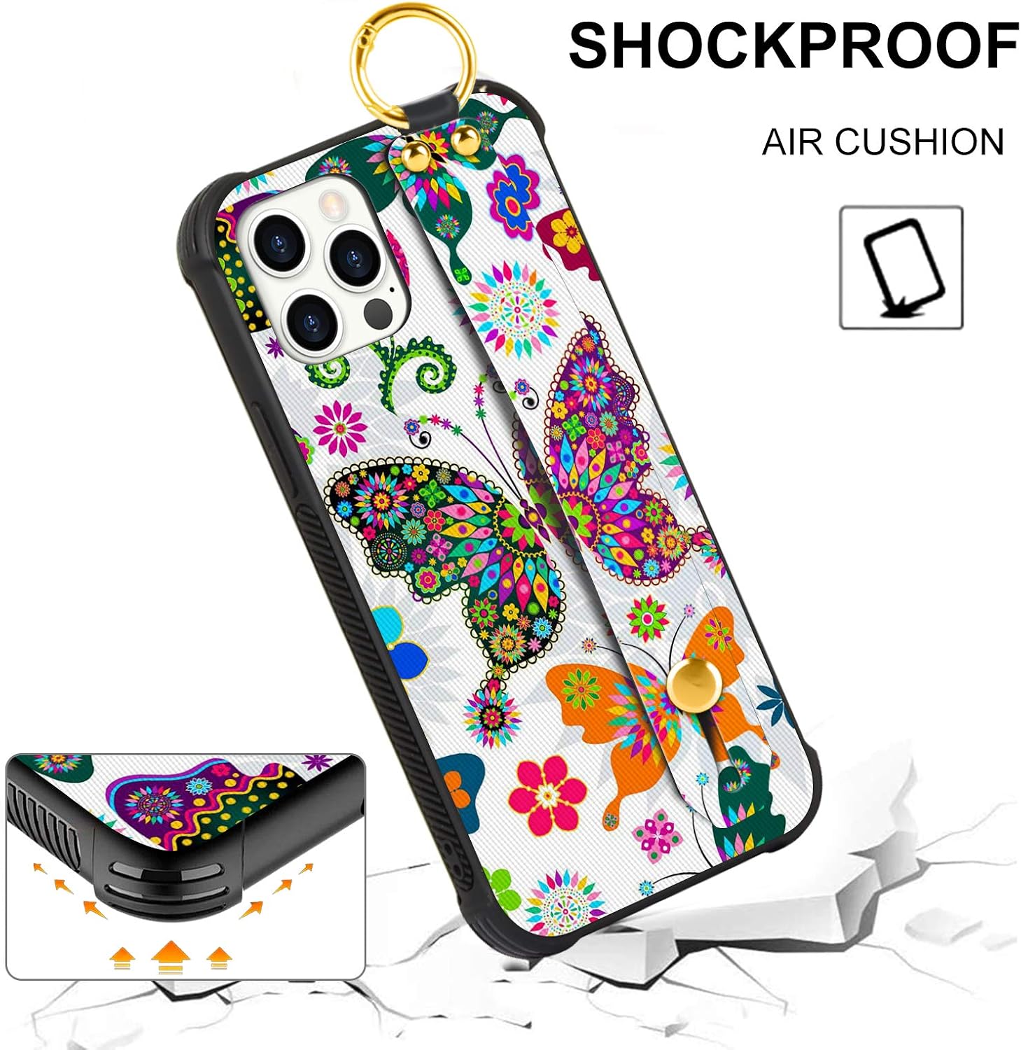 OOK Compatible with iPhone 12 Pro Max Case Butterfly Design Wrist Strap Cell Phone Cover with Lanyard Kickstand Band Protective Shockproof Stand Pattern Bumper Case for Women Girls