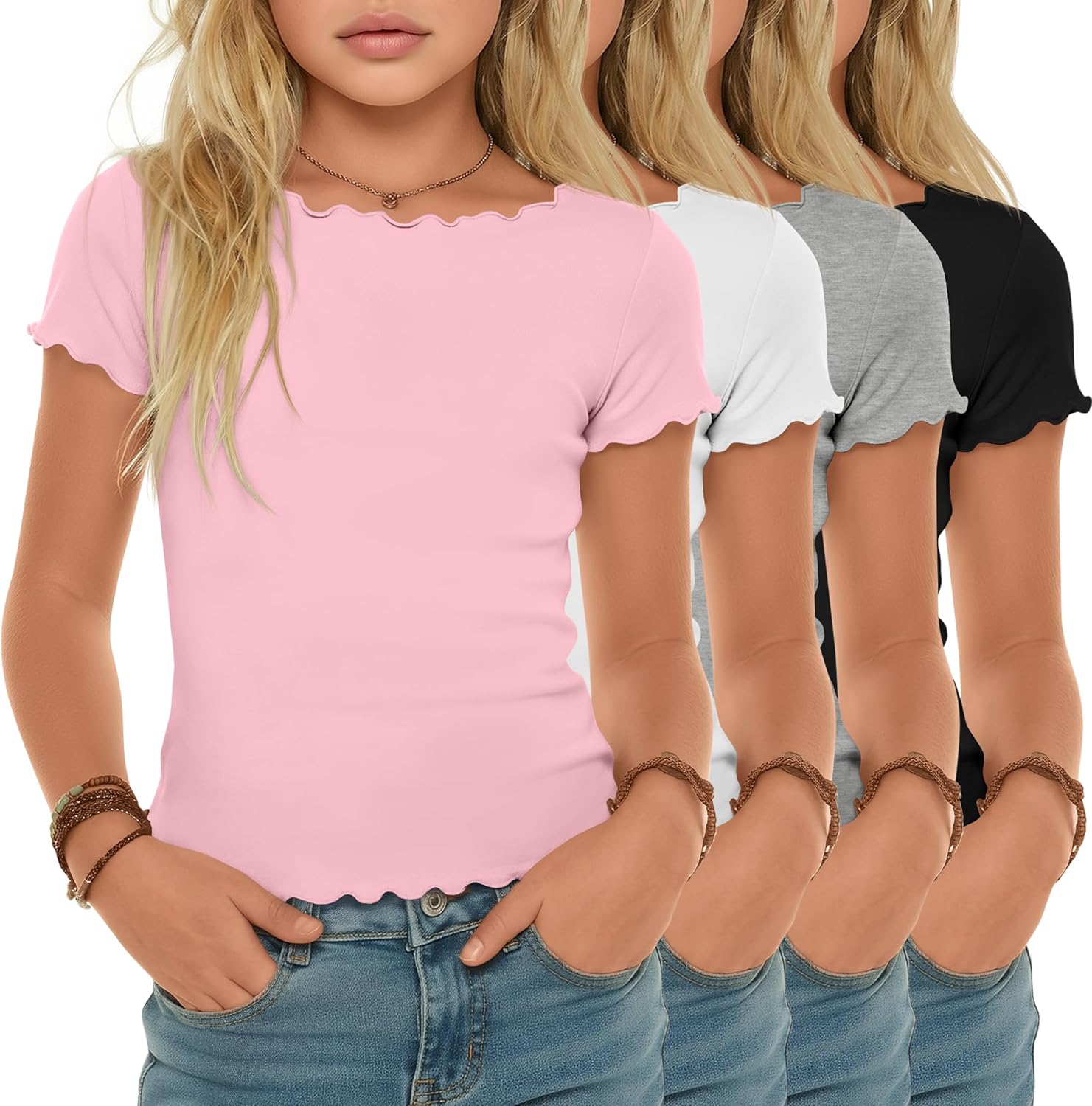 4 Pack Girls Short Sleeve Shirts Lettuce Trim Boat Neck Knit Tops Slim Casual Basic Tee 5-14 Years