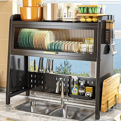 HEIMP Estante de drenaje organizador de almacenamiento con tapa, escurridor de platos sobre el fregadero, escurridor de fregadero para suministros