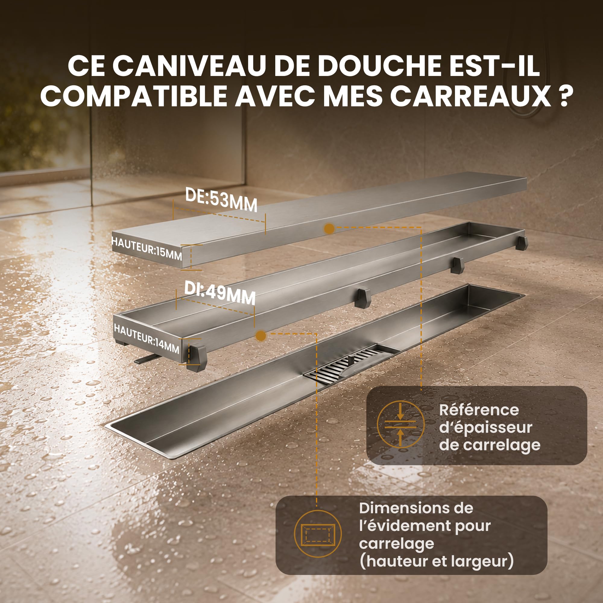 Caniveau Douche Italienne 50 cm | Carrelable avec Siphon Anti-Odeurs, Filtre à Cheveux et Design Sans Seuil pour Douche Italienne, Acier Inoxydable AISI 304