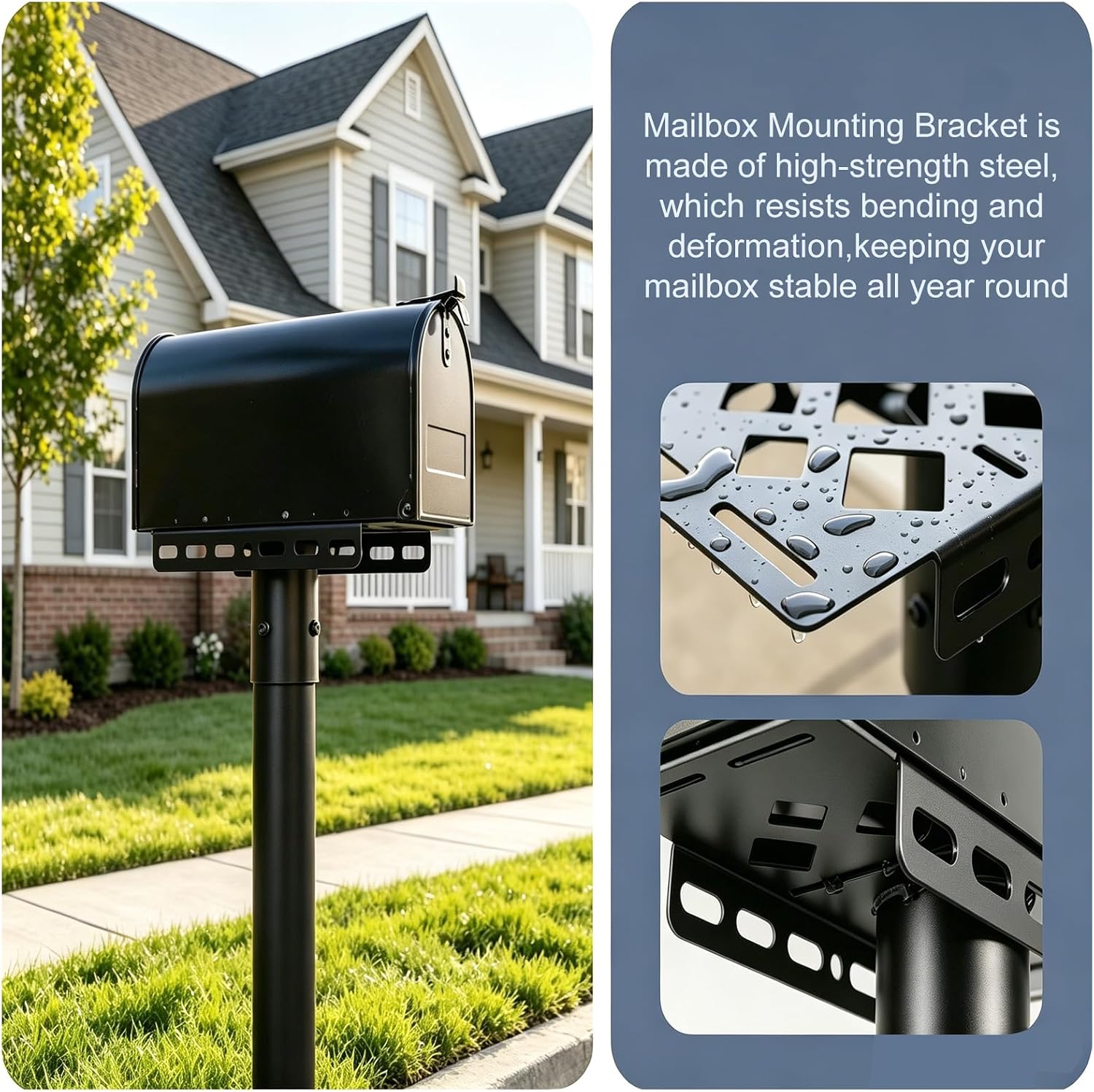 Steel Mailbox Bracket for 2-3/8" Round Post，Heavy Duty Wobble Free Mounting Plate for Post Mount Mailboxes, Heavy Duty Solid Mailbox Mounting Bracket，Installation for Residential or Commercial Black