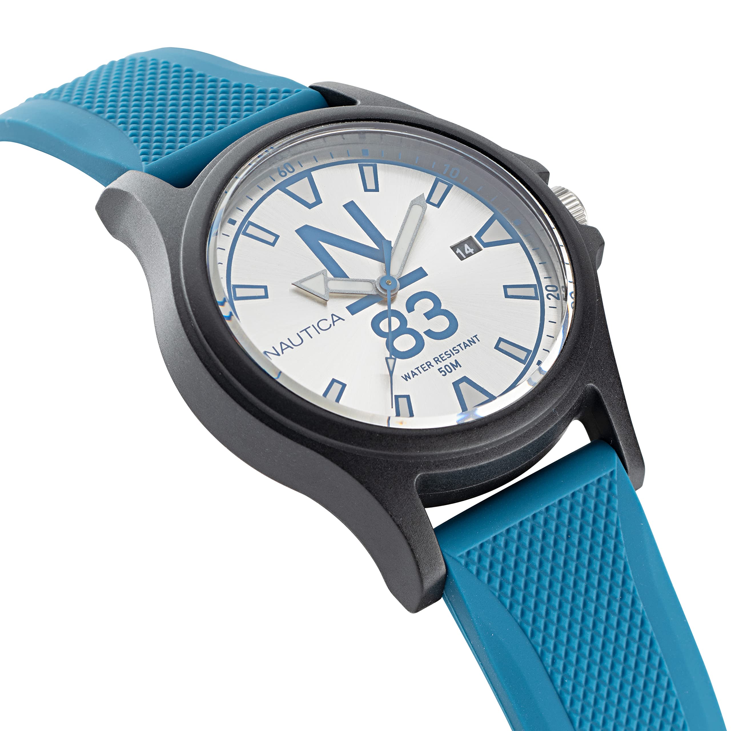 Nautica N83 NAPJSS225 N83 Java Sea Black/Silver/Light Blue Reloj de pulsera de silicona, Azul