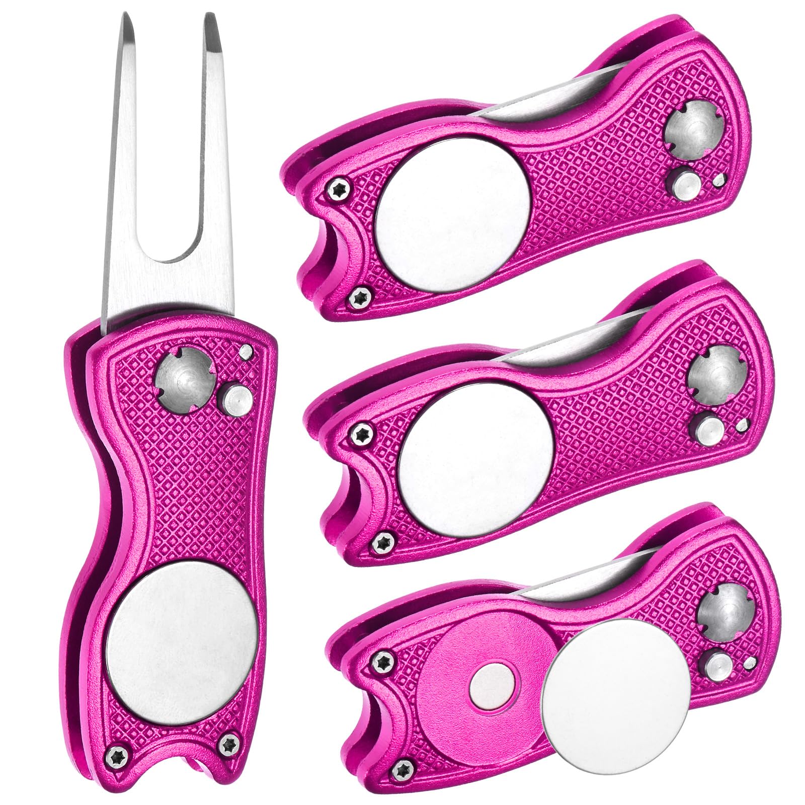 TIXIPEM Golf Divot Repair Tool [4PCS] - Switch Foldable Divot Tool Rack with Magnetic Ball Marker & Open Button Use for Golf Accessories & Gifts - [Pink] Green Fork Tines