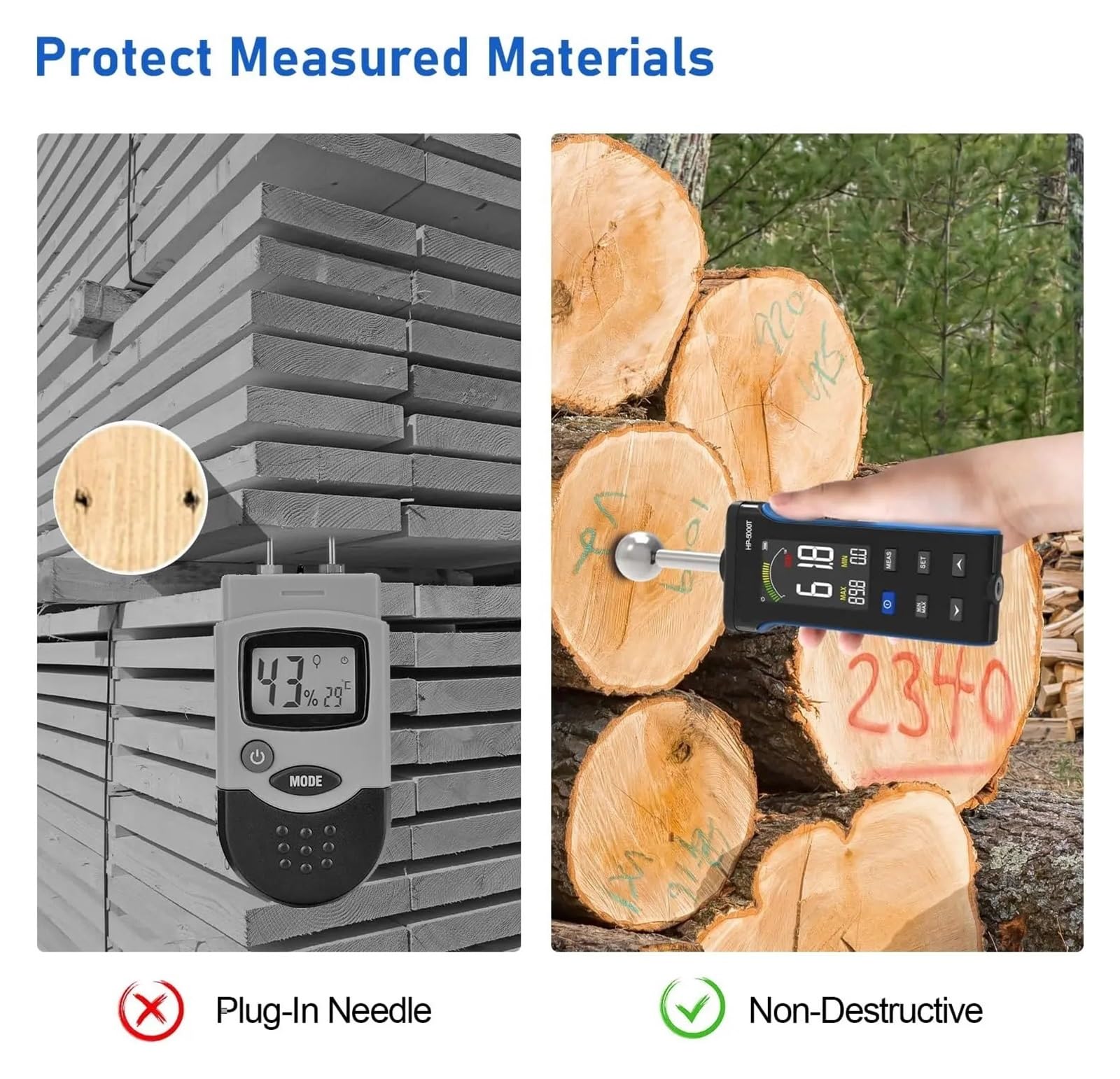 Medidor de humedad de madera 5000T, medidor de humedad no destructivo for paredes, madera, hormigón, suelos, profundidad de medición de 20 a 40 mm Visualización precisa