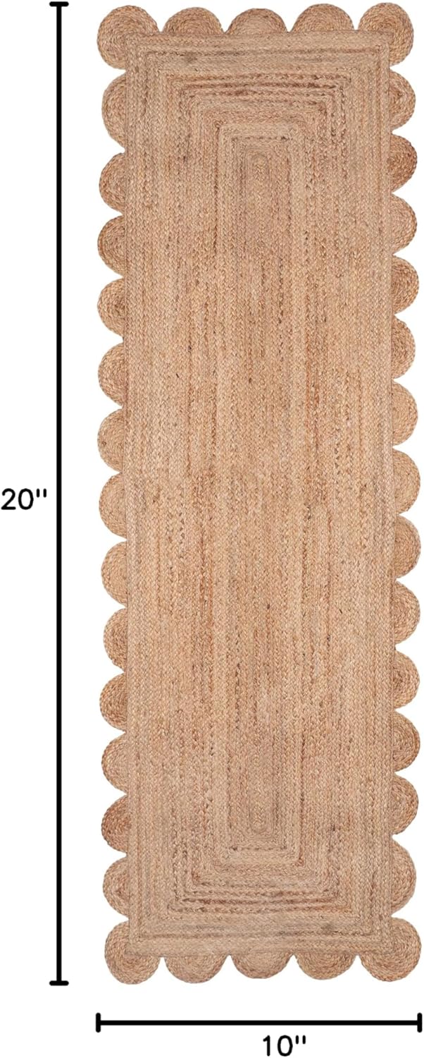 Hand Woven Natural Jute Scalloped Rug, Reversible Boho Entry Area Rugs for Kitchen, Living Room, Farmhouse Indoor Outdoor Decorative Floor-Rug, Bohemian Style Size 2x6 Ft