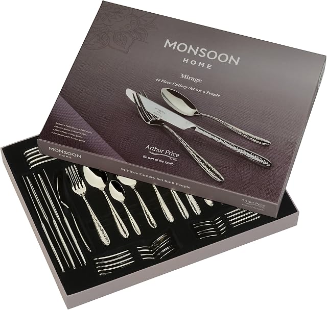 Arthur Price Monsoon Mirage 44 Piece Cutlery Set, Stainless Steel, ZMIR4401