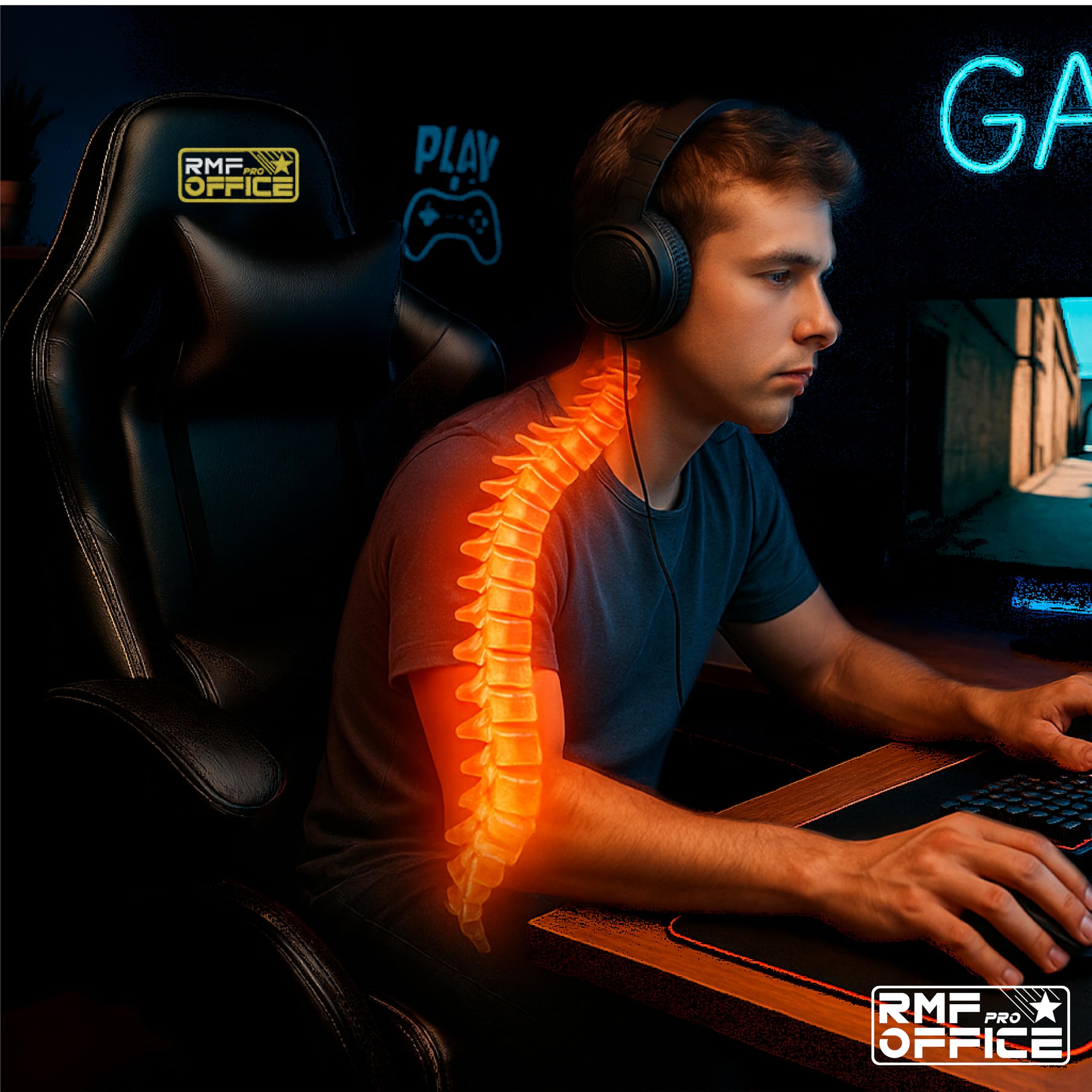 RMF Sedia Gaming Professionale Ergonomica Reclinabile, Poltrona Gaming Seduta Comoda e Rilassante con Poggiapiedi - Sedia per Gamer con Ruote Girevoli, Altezza Regolabile Nero