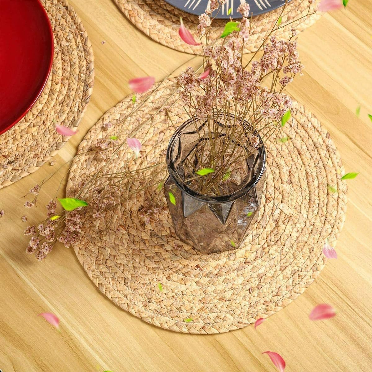 Water Hyacinth Woven Placemats, 13 inches Round Handwoven Boho Vintage Placemats Set of 6 Rattan Plate Chargers Wicker Tablemats Braided Heat Resistant Place Mats for Wedding Party