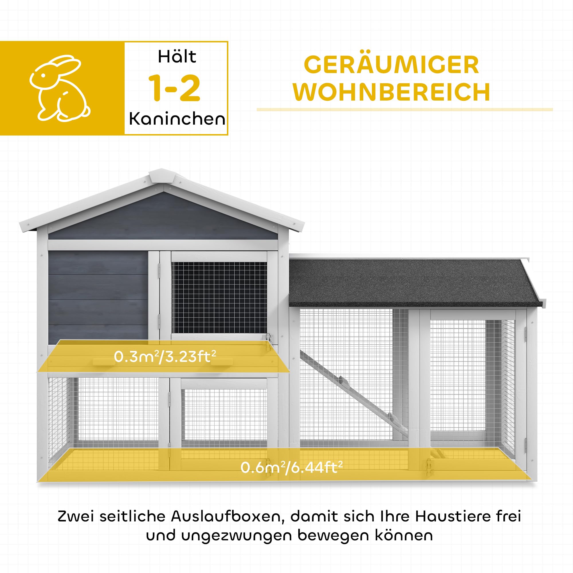 PawHut Hasenstall 2 Etagen Winterfest Kaninchenstall 147x54x84 cm Grau | Holz, Kaninchenkäfig Mit Wasserdicht Bitumendach, Freilaufgehege, Rampe, Türen, Hasenkäfig Für 2 Zwergkaninchen, Outdoor