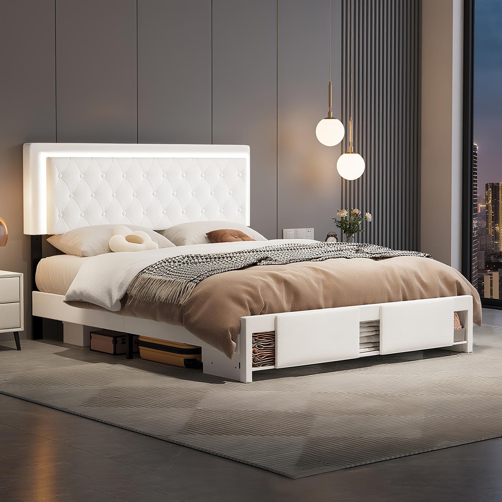 Queen Bed Frame with Sliding Barn Door Storage Cabinets,Bed Frame Queen Size Button Tufted Platform with Adjustable Comfortable Headboard,LED Lights,