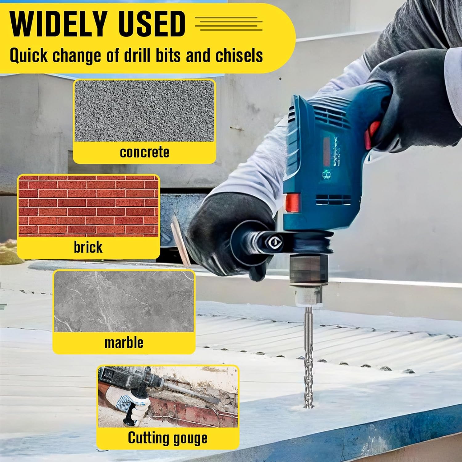 17Pcs Rotary Hammer Drill Bits & Chisels, SDS Plus Bits, Carbide-Tipped Masonry SDS-Plus Rotary Hammer Drill Bits and Chisel Set for Concrete Brick Stone and Other Masonry Construction Materials