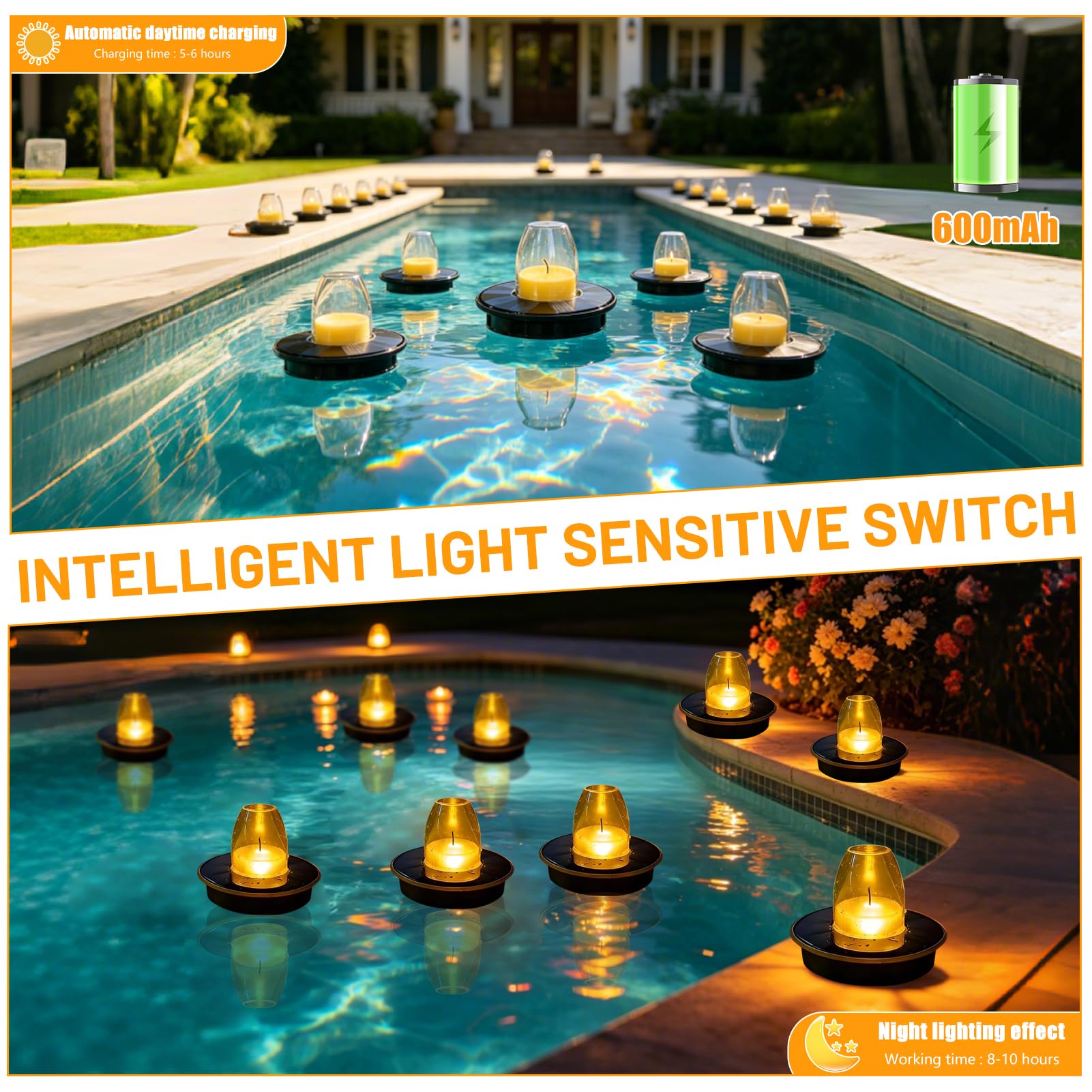 Solar Poolbeleuchtung,Schwimmende Poolbeleuchtung Solar Teichbeleuchtung IP65 Wasserdicht LED Kerzen Poollichter SolarSchwimmend Solarleuchten 2 Modi Schwimmlichter für Schwimmbad Pool Teich (A*4)