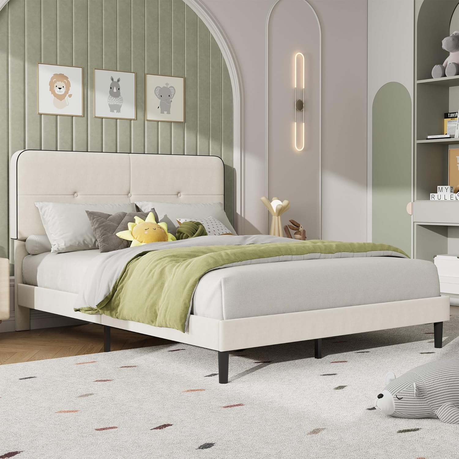 Garvee Queen Bed Frame, Velvet Upholstered Platform Bed Frames with Adjustable Headboard, No Box Spring Needed, Anti-Noise EVA Sponge, Sturdy Metal Support, Easy Assembly, White & Black Trim