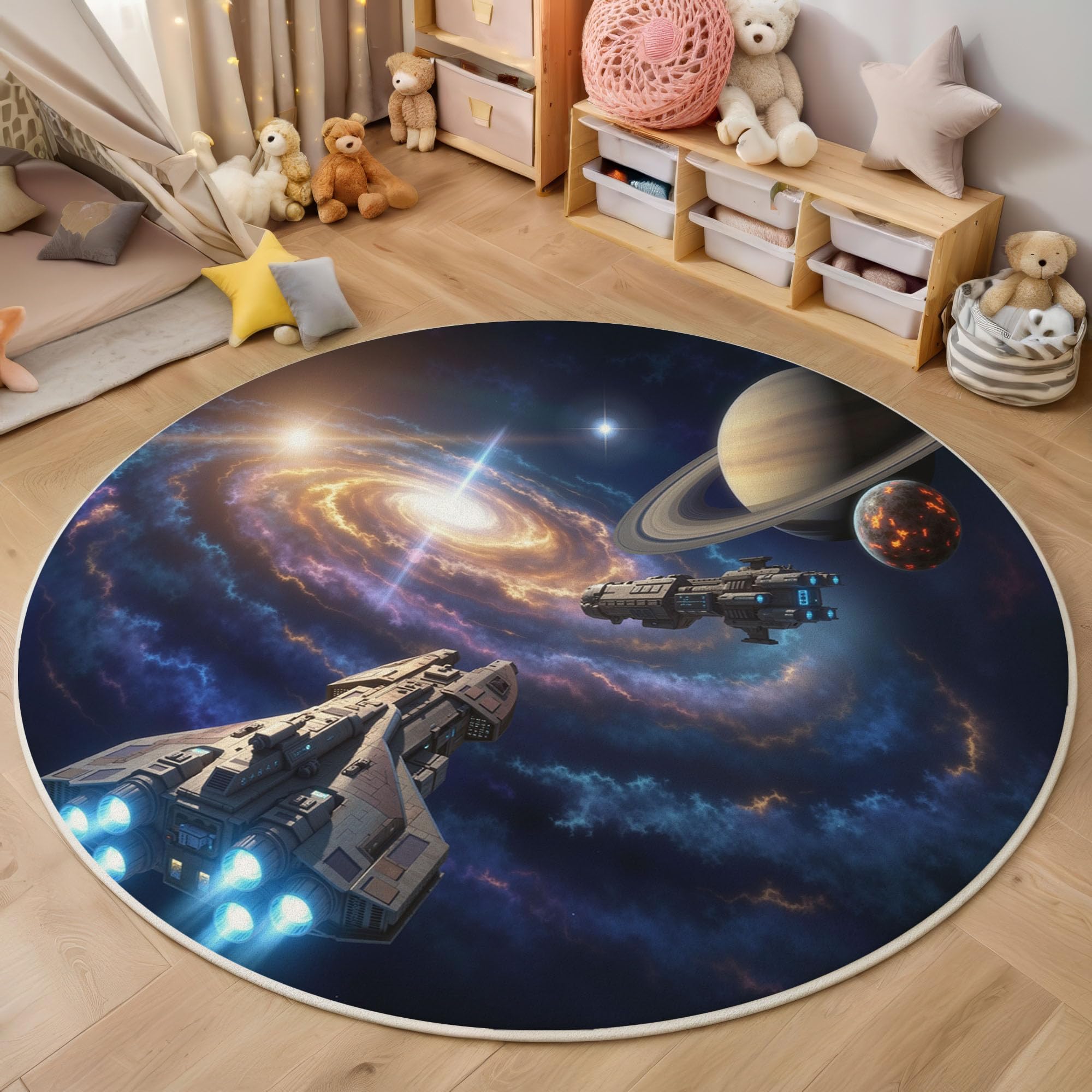 Tapis rond bleu foncé univers 180cm de diamètre lavable en machine pour salon et chambre