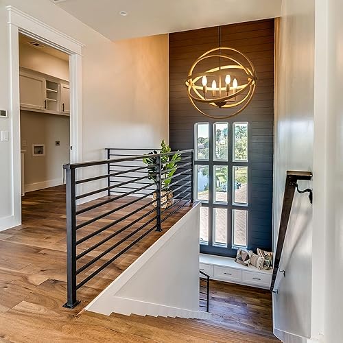 Miniatura 5 de LALUZ Lámpara de araña de granja para comedor, lámpara de araña de 4 luces para isla de cocina, acabado de madera, 21 pulgadas de diámetro