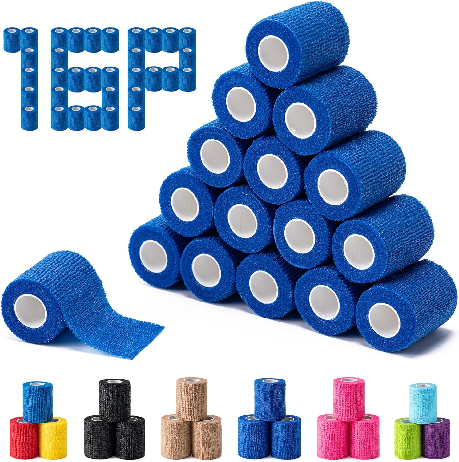 16 Pack Self Adhesive Bandage Wraps,2" X 5 Yards Non-Woven Elastic Cohesive Bandage Wrap, Color Athletic Tape for Wrist, Vet Wrap, Ankle Tape (Blue)