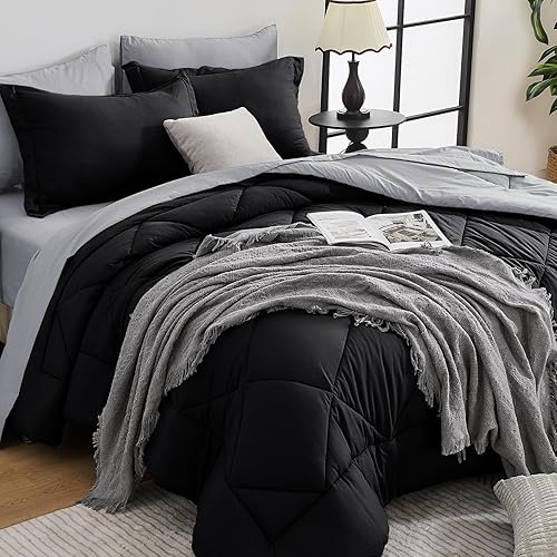 HEVUMYI Juego de edredón Twin-XL - Juego de ropa de cama de 5 piezas para todo el año, Twin-XL, juego de cama ultra suave con edredón, sábana Negro