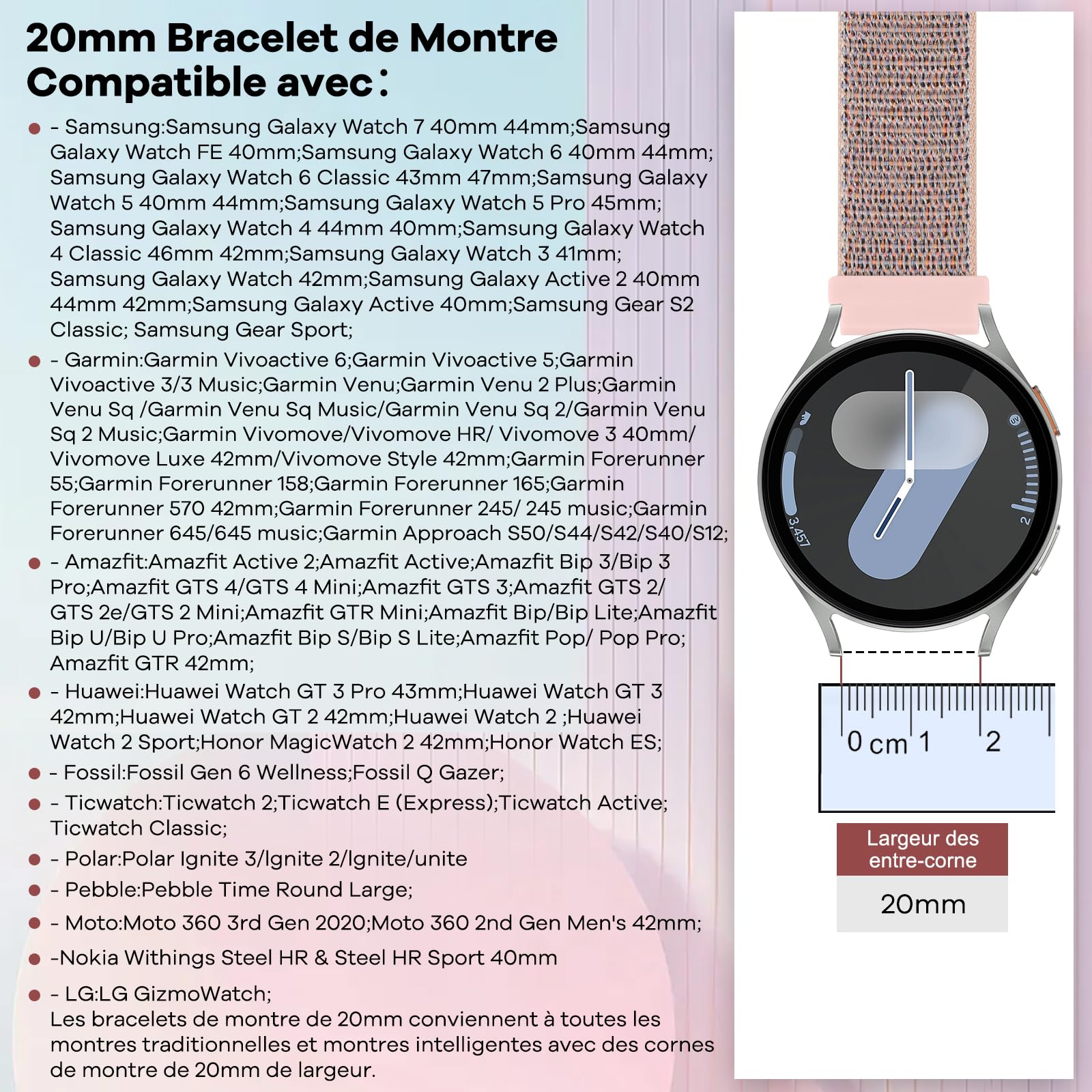 20mm Bracelet Montre en Nylon pour Garmin Forerunner 55/165/245/645/Vivoactive 6/5/Garmin Venu/Venu 2 Plus/Amazfit Active 2/Active/Polar Ignite 3/lgnite 2/Unite/COROS APEX 2/Pace 2 Bracelet