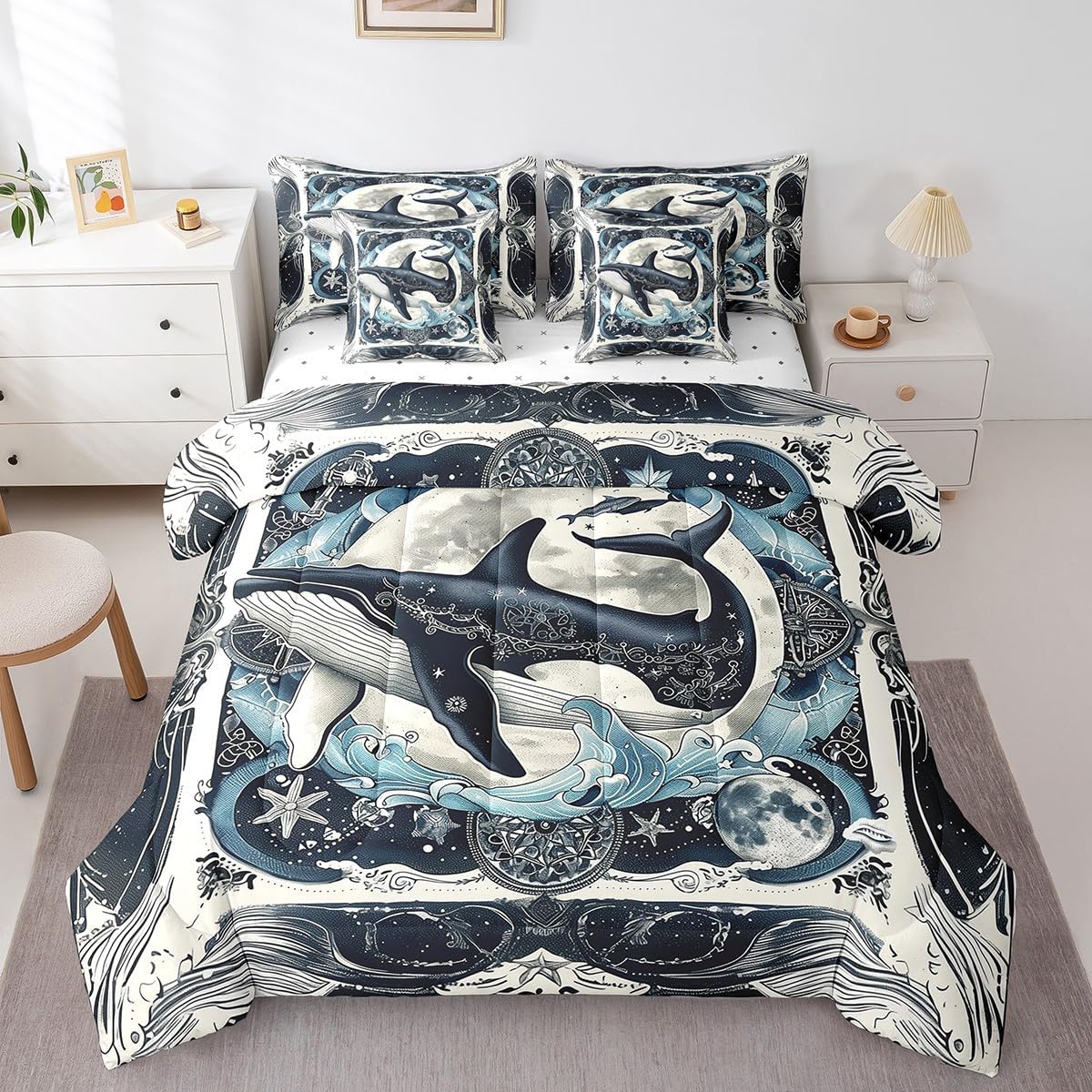 Vintage Nautical Bedding Comforter Sets 7-Piece Retro Compass Lighthouse Bed in a Bag, Old Sailing Boat Queen Bedding Sets World Nautical Map Comforter Set Queen, Grunge Beige Bedding Sets