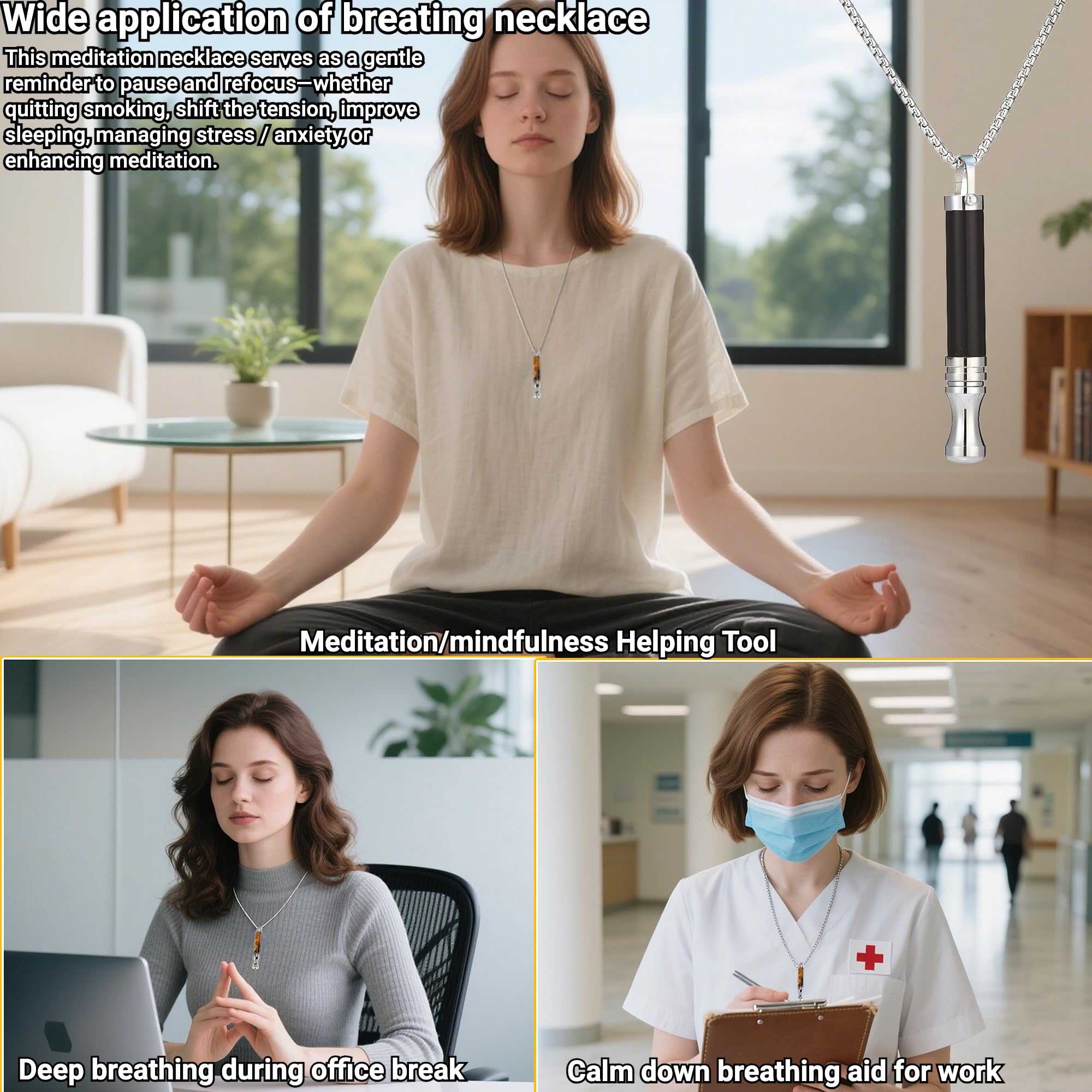 Collar de Respiración con Piedra de Ojo de Tigre y Aromaterapia Cadena de Acero Inoxidable de 70cm Herramienta de Meditación Atención Plena para Calmar,Ayudar a Dormir y Aliviar la Ansiedad el Estrés