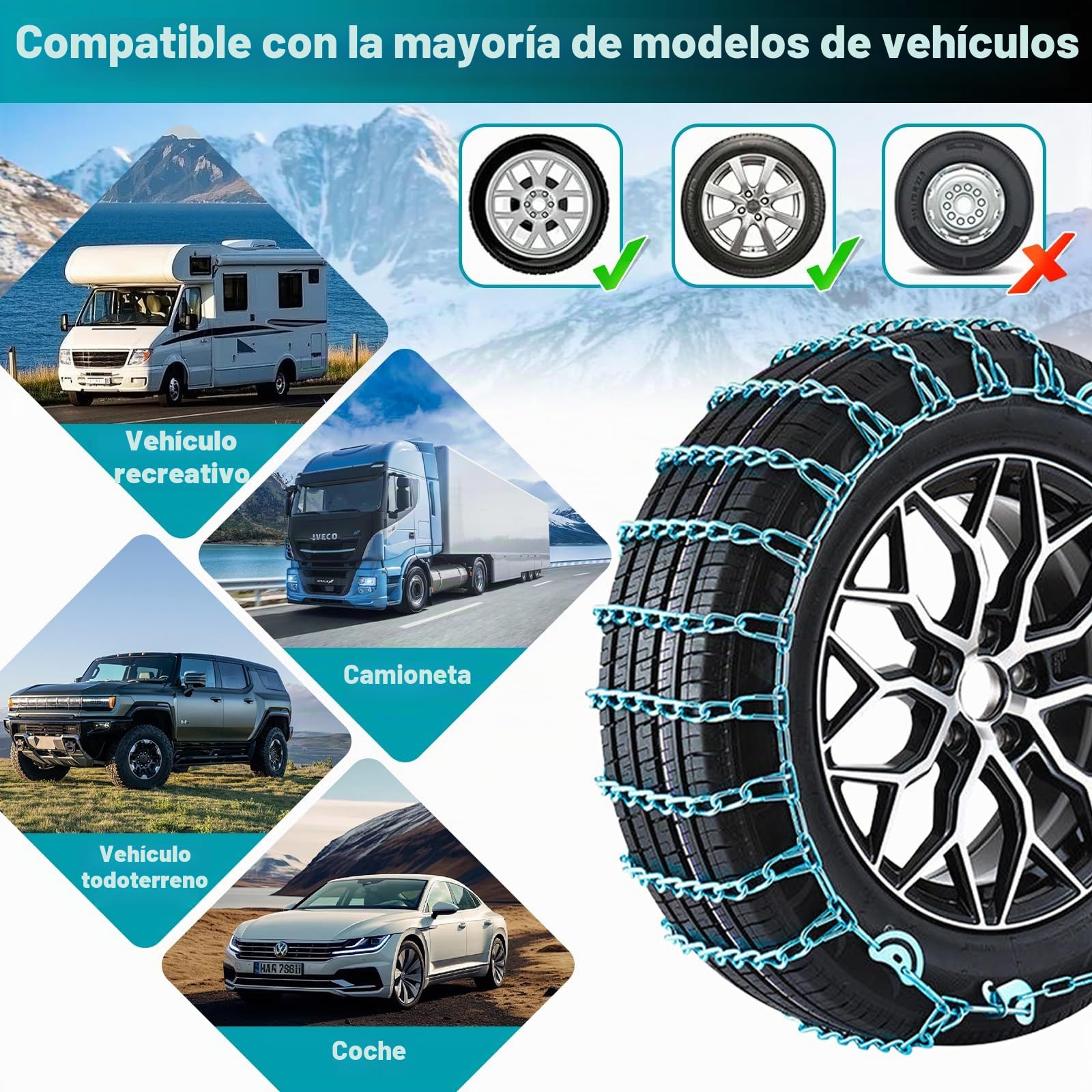 SilverCherry Cadenas de Nieve para Coche, Cadenas de Nieve, Adecuadas para Su Uso en Carreteras Heladas, Nevadas y Fangosas, y Son Aptas para Suv, Sedanes y Vehículos Todoterreno (55R16, 205)