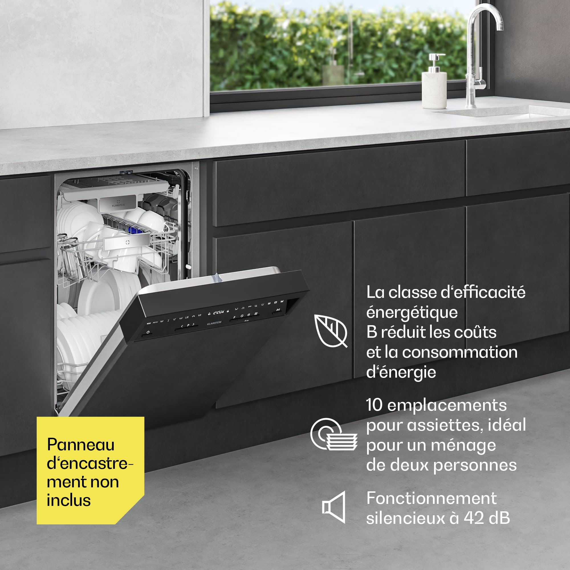 Klarstein Velaire Lave Vaisselle 45cm Semi-Intégré - 10 Couverts, 9 Programmes, 42 dB, Classe B, AquaStop, Sécurité Enfants, Façade Personnalisable, Lave-Vaisselle Encastrable