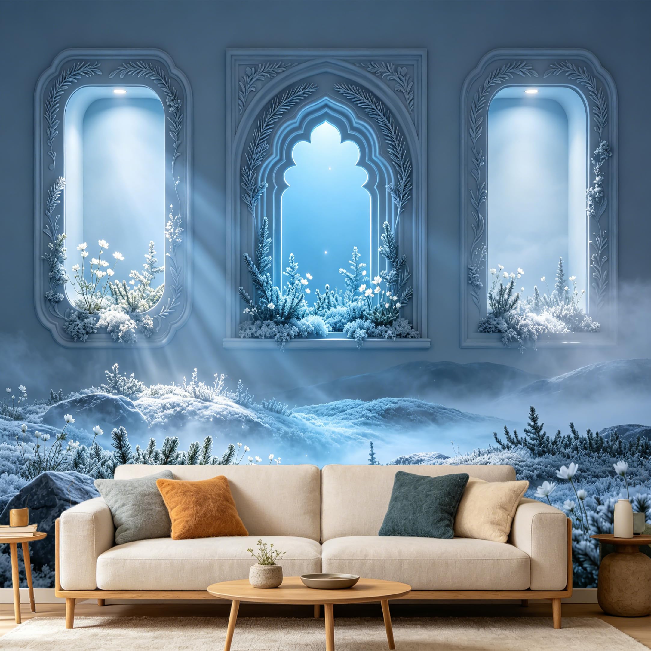 Custom Size Wall Mural， 3D Snowy Winter Archway Landscape， Minimalist Forest Scenery， SelfAdhesive Art Prints wall Fabric Removable Large Wallpaper Home Living Room Decor