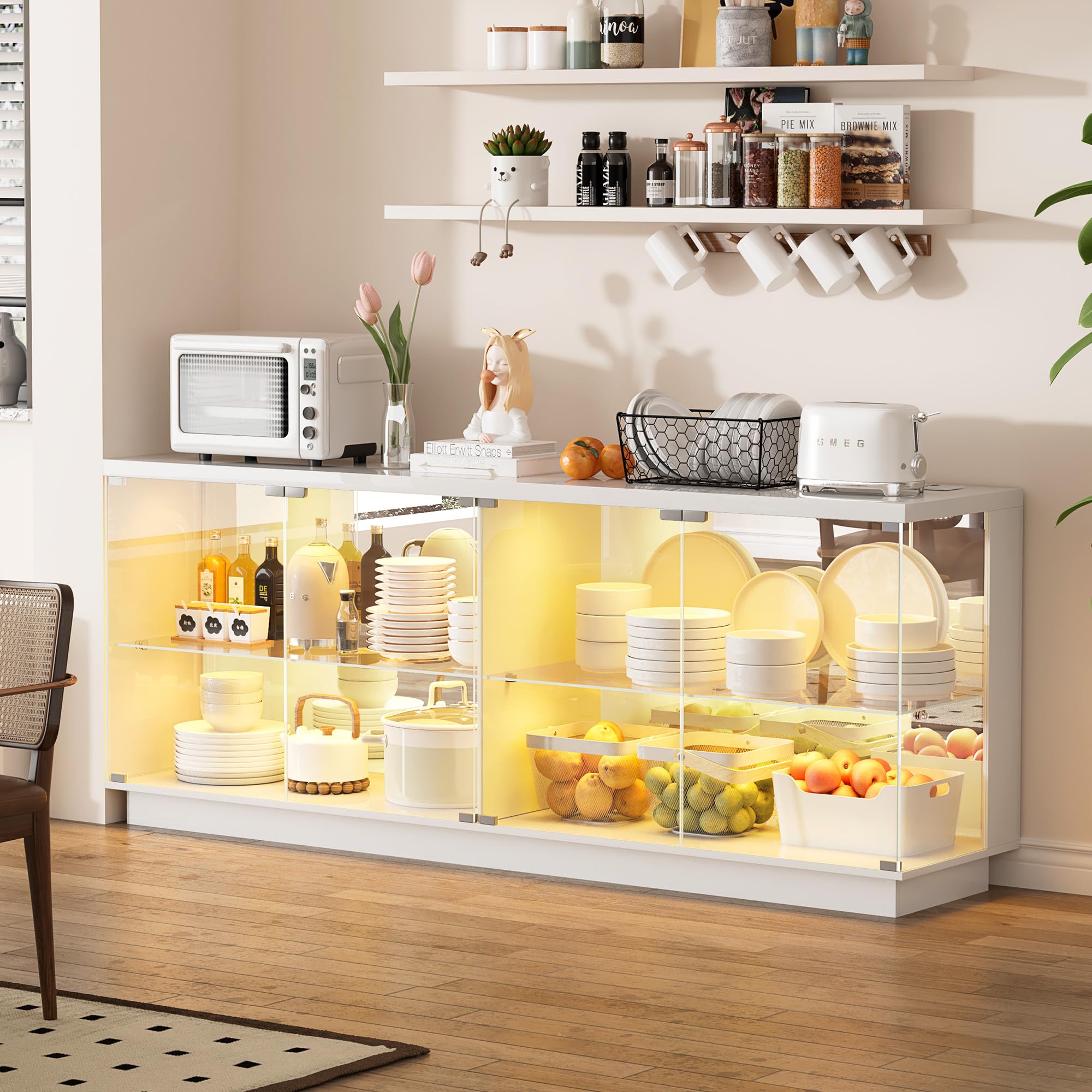 Gurexl RGB Display Cabinets with Sockets and Dynamic Lighting,Floor Display Case with Human Sensor and USB,Smart Sideboard with 2 Adjustable Shelves for Curio,Dining Rooms,Bedroom,Living Room,White