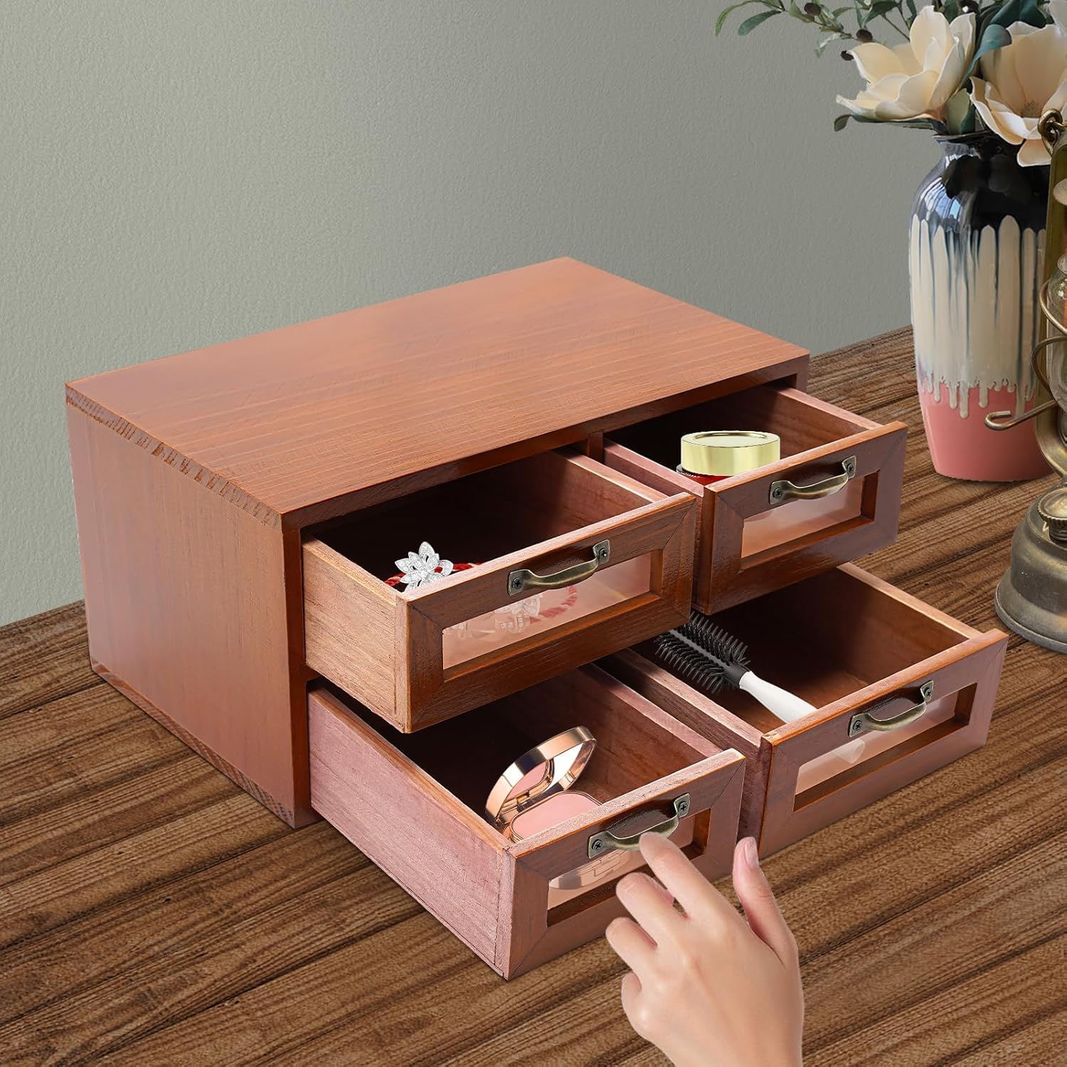 Organizzatore da Scrivania Multilivello in bambù con 16 Cassetti Trasparenti - Mobiletto in Legno per Ufficio E Casa - Elegante Mobiletto da Tavolo in Stile Farmacia per Brown 4 Drawer