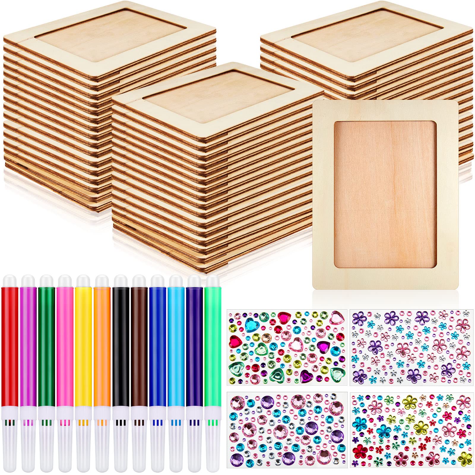 8 Pieces Unfinished Wooden Picture Frame Craft Kit - 7.9” x 5.9” DIY Painting Set Includes 12 Color Pens, 4 Sheets of Crystal Diamond Stickers for Photo Frame Decoration and Custom Art Projects
