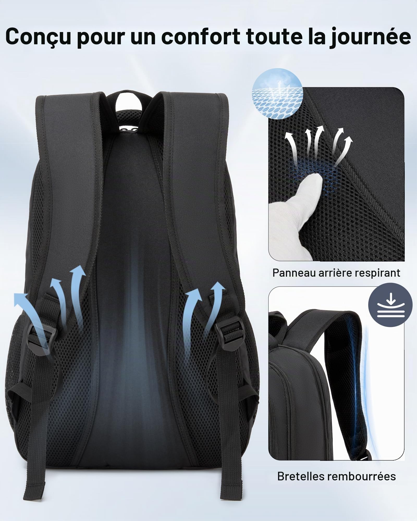 Sac à Dos Ordinateur Portable 15,6 Pouces Homme Femme, Noir | Ouverture 180°, Compartiment PC Rembourré, Poche Antivol, Multiples Poches, Dos Respirant, Bureau, Université, Voyage