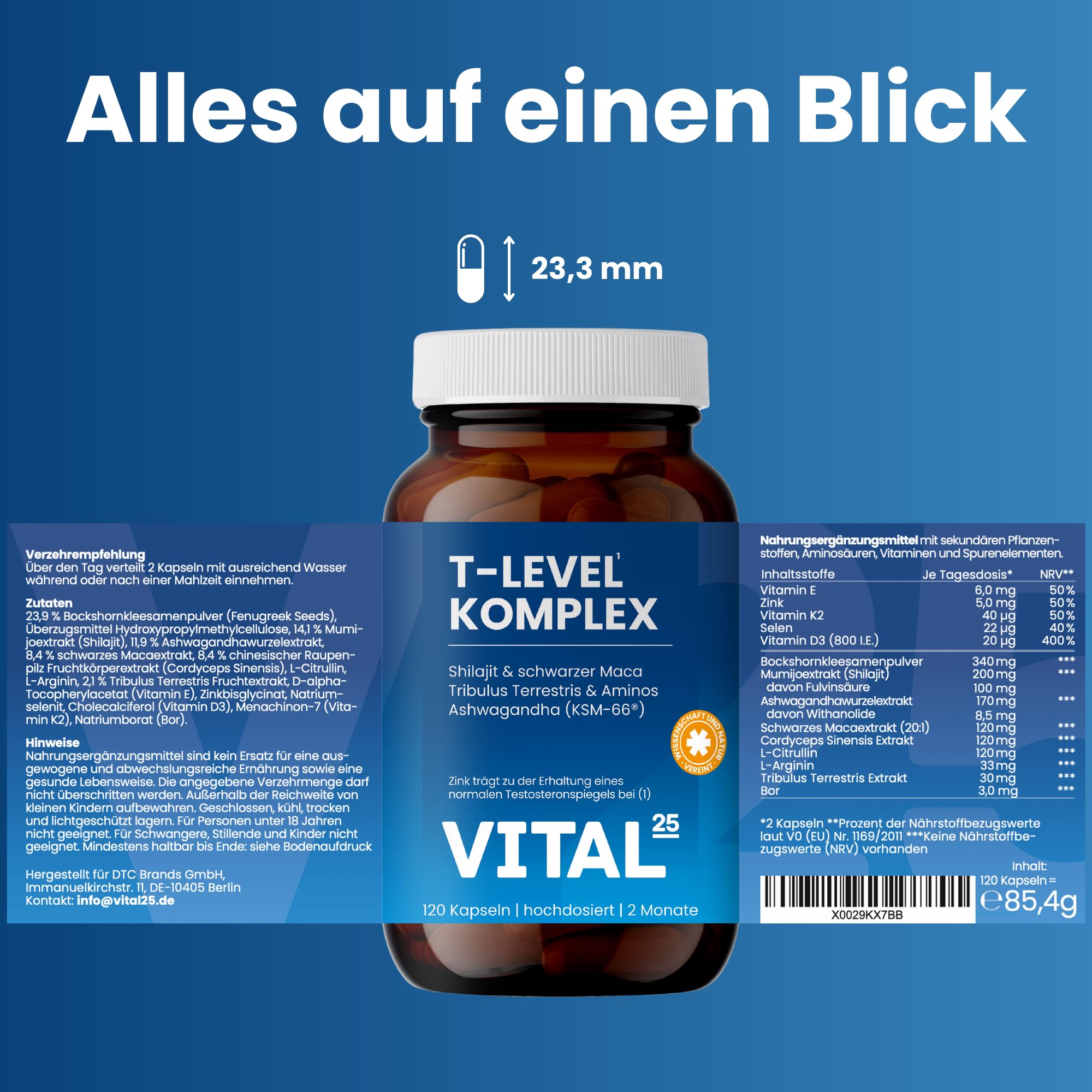 T-Level Testosteron¹ Kapseln mit Shilajit, Ashwagandha KSM-66®, Maca schwarz, Bockshornklee, Tribulus, Cordyceps, Bor, Vitamin D, Aminos - 360 Kapseln für 6 Monate