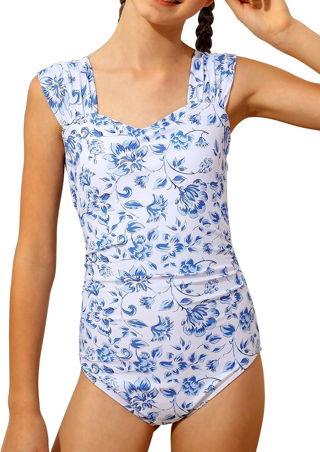 Girl Swimsuit One Piece Bathing Suit for Girls Color Block Ruched Adjustable Straps Padded Swimwear 11-16Y