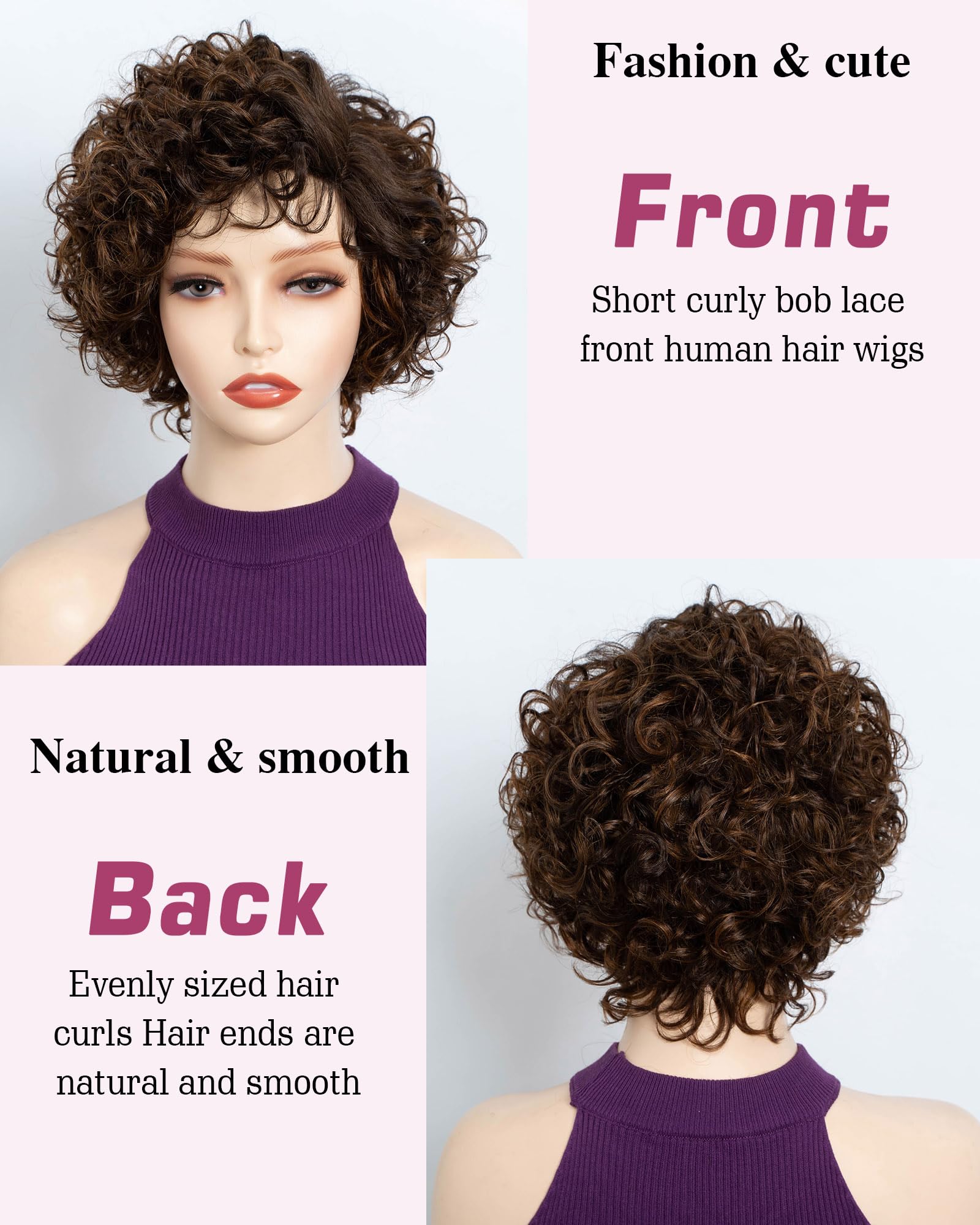 FASHION IDOL Pixie Curly Natural Black Human Hair Wig C-Type Lace Wear and Go Short Curly Bob Wig for Women (P4/30, 8 Inch) - Image 4