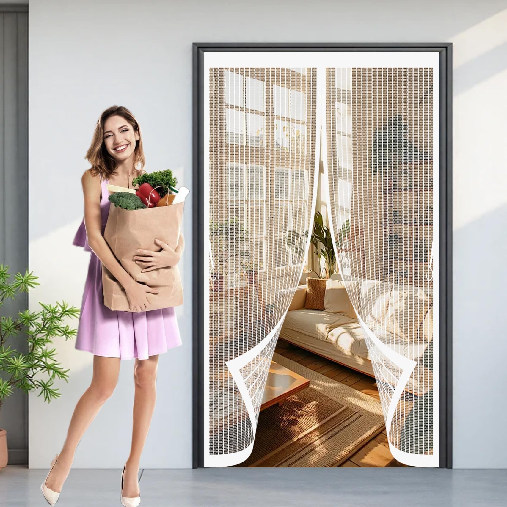 Fly Nets for Doors 74 x 248 cm Powerful Magnets, No Drill Installation, Automatically Closes, for Keeping Out Flies & Bug Insect Protection Door for Patio Doors Balcony, White